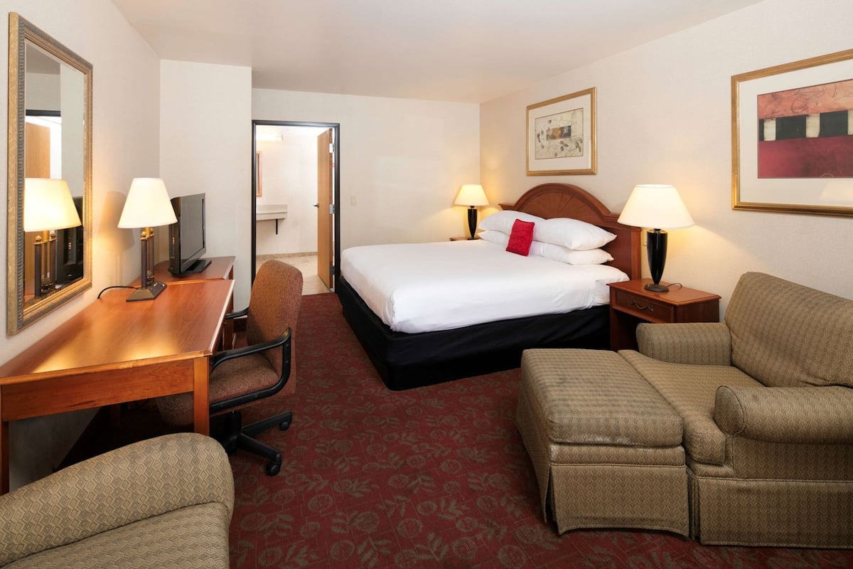 A hotel room with a bed, a desk with a chair, a sofa, and two bedside lamps.