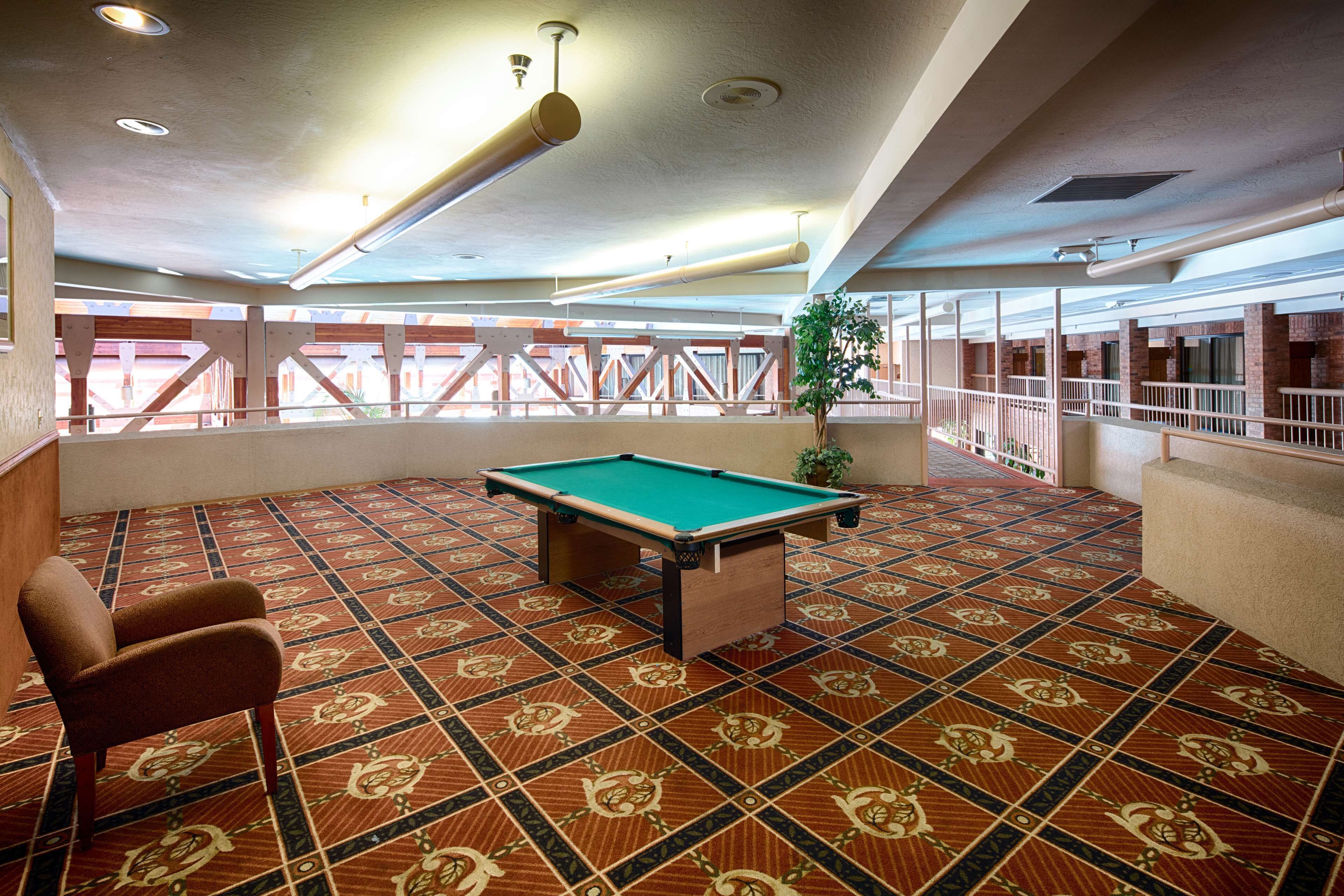 A pool table in a room with patterned flooring, a chair, and a plant.