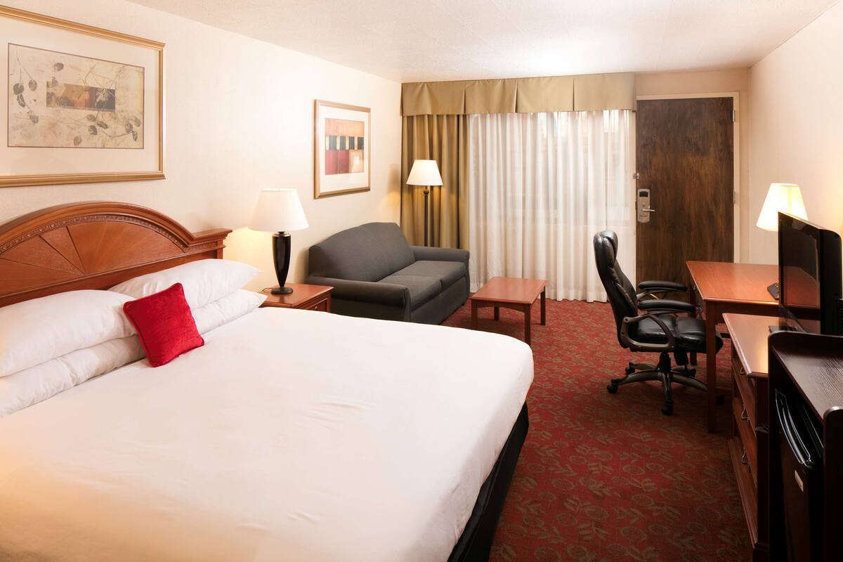 A hotel room with a large bed, a desk, a chair, and a sofa.