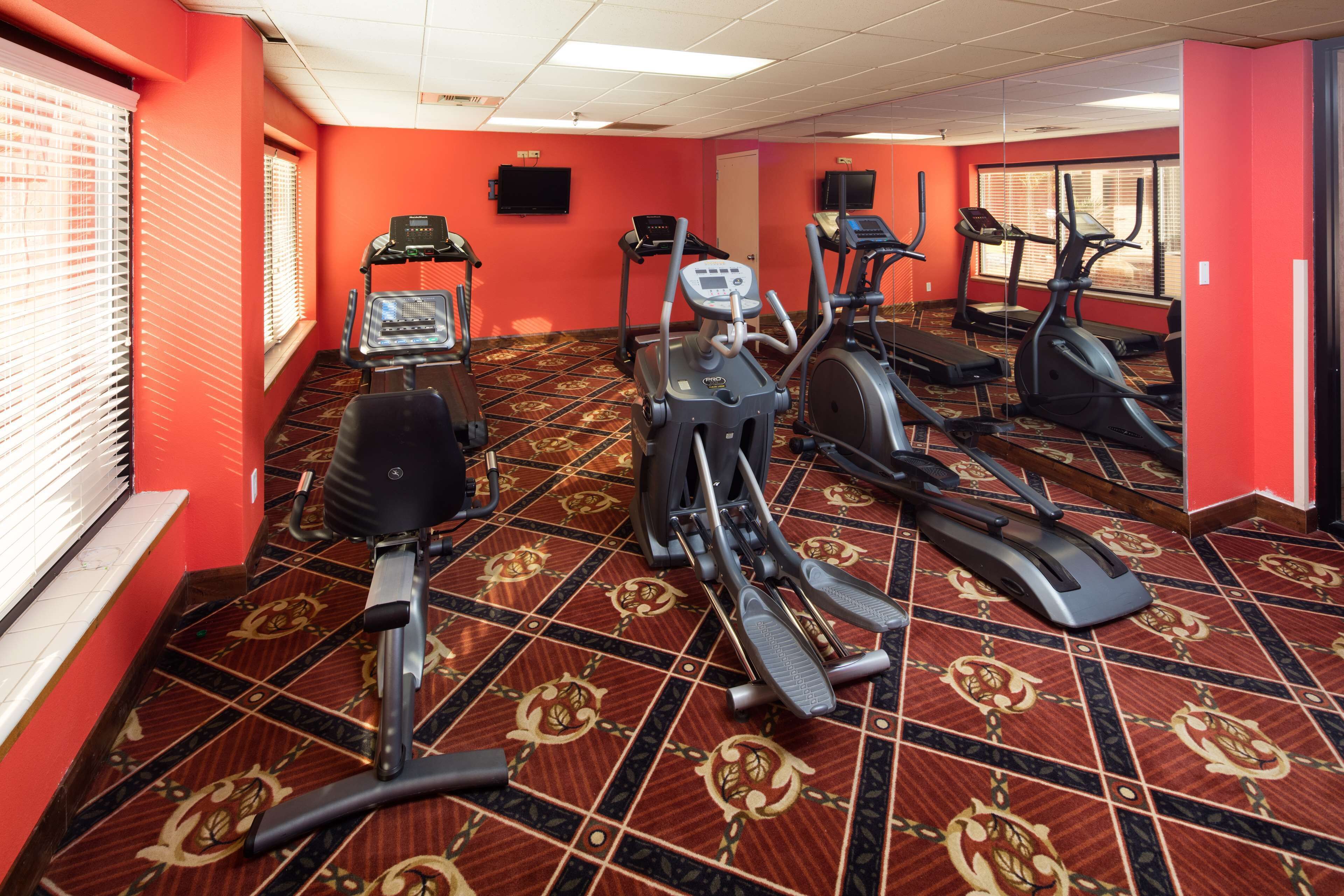A gym with treadmills, elliptical machines, and a stationary bike.