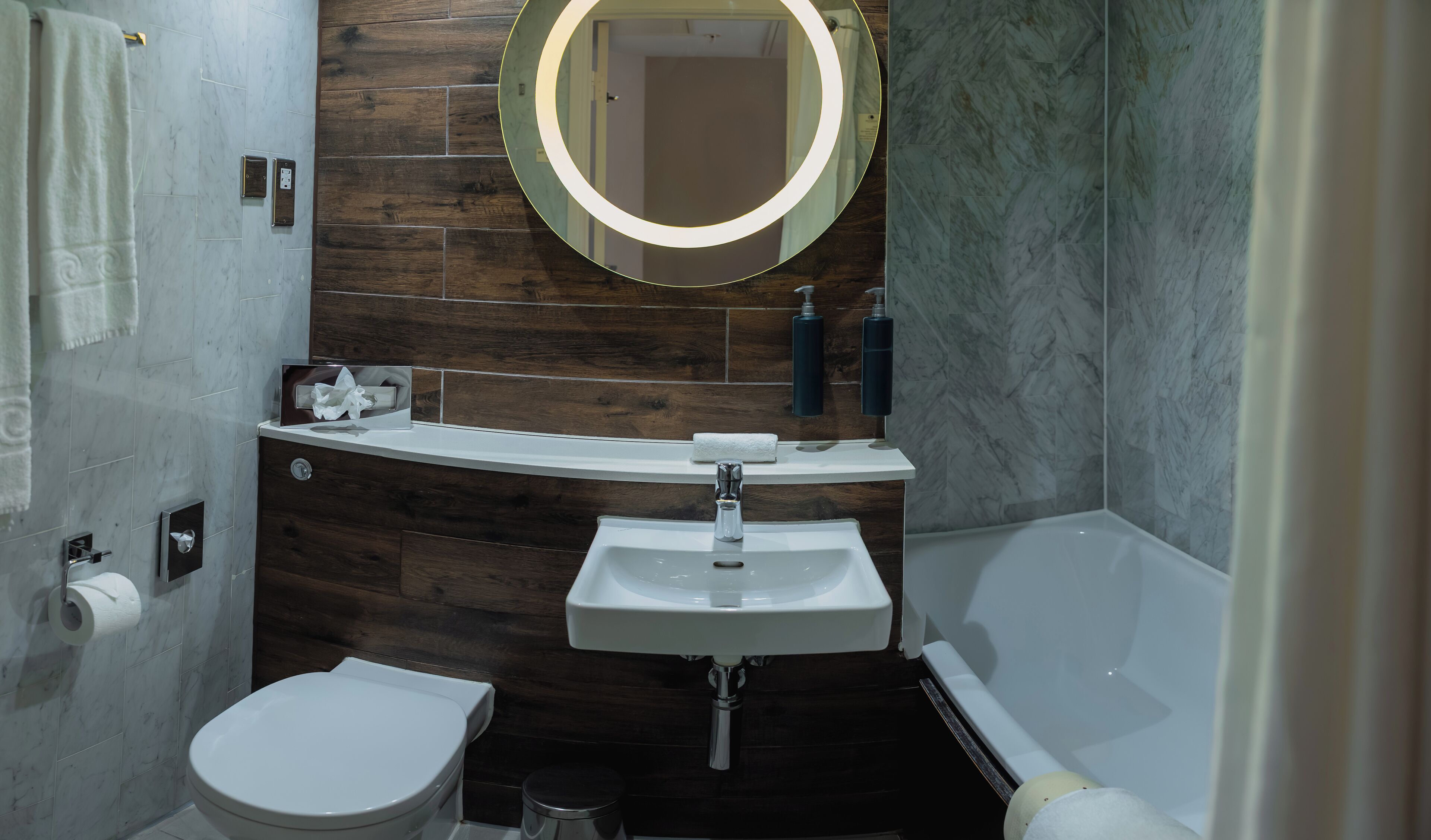 Combined shower/bathtub, free toiletries, hair dryer, towels