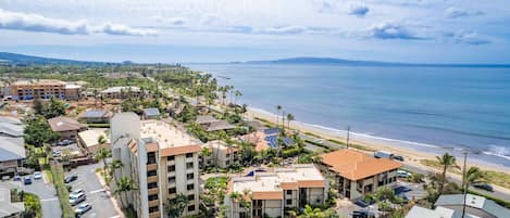 A coastal residential area with multiple buildings, a beach, and a clear sky.