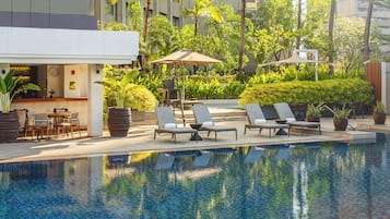 Outdoor pool, open 6:00 AM to 10:00 PM, pool umbrellas, sun loungers
