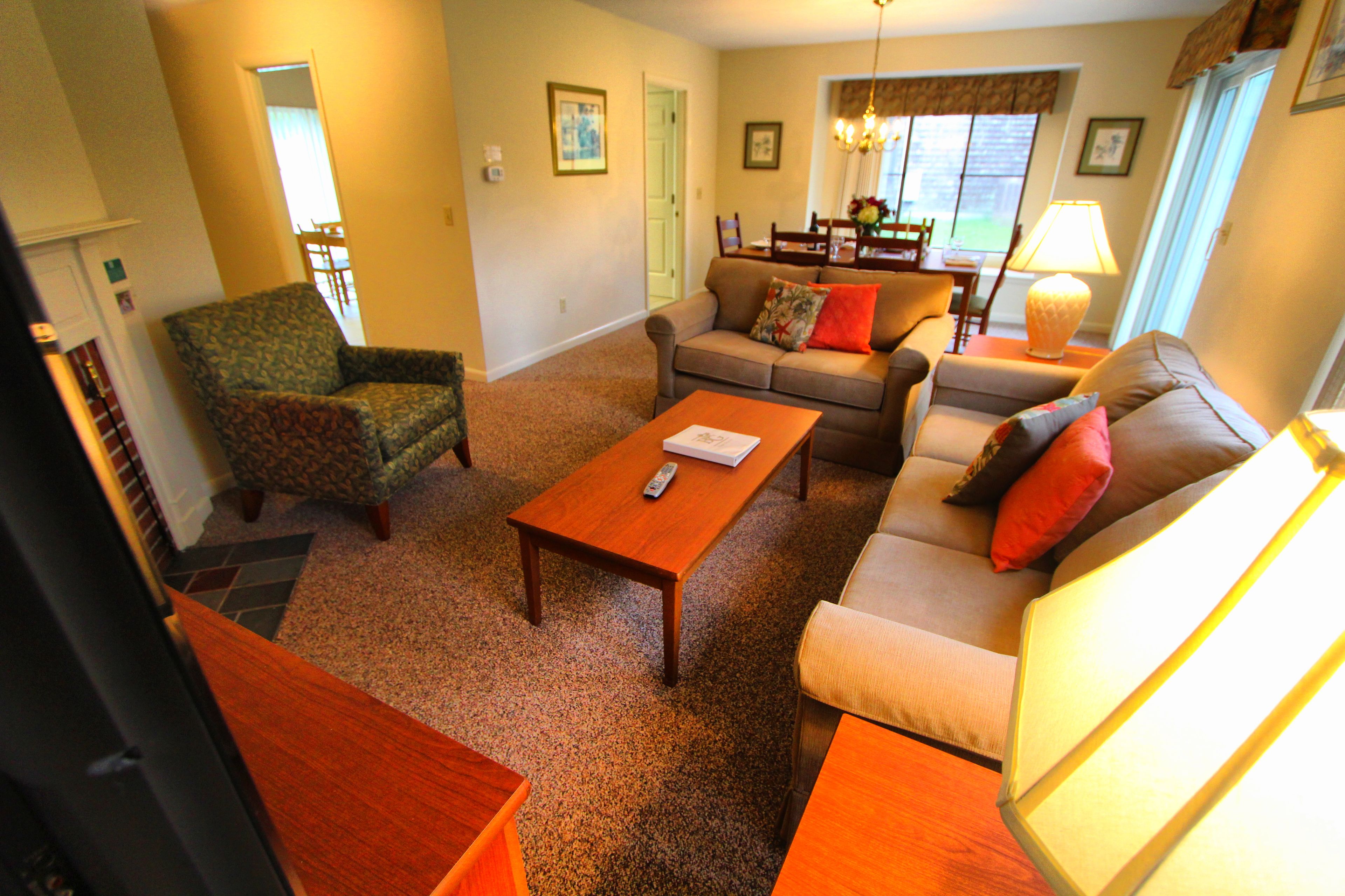 Televisión de pantalla plana, chimenea, reproductor de DVD