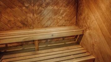 A sauna with wooden benches and a sloped ceiling.