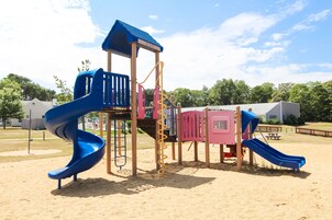 Un parque infantil con dos toboganes azules y una estructura para escalar.
