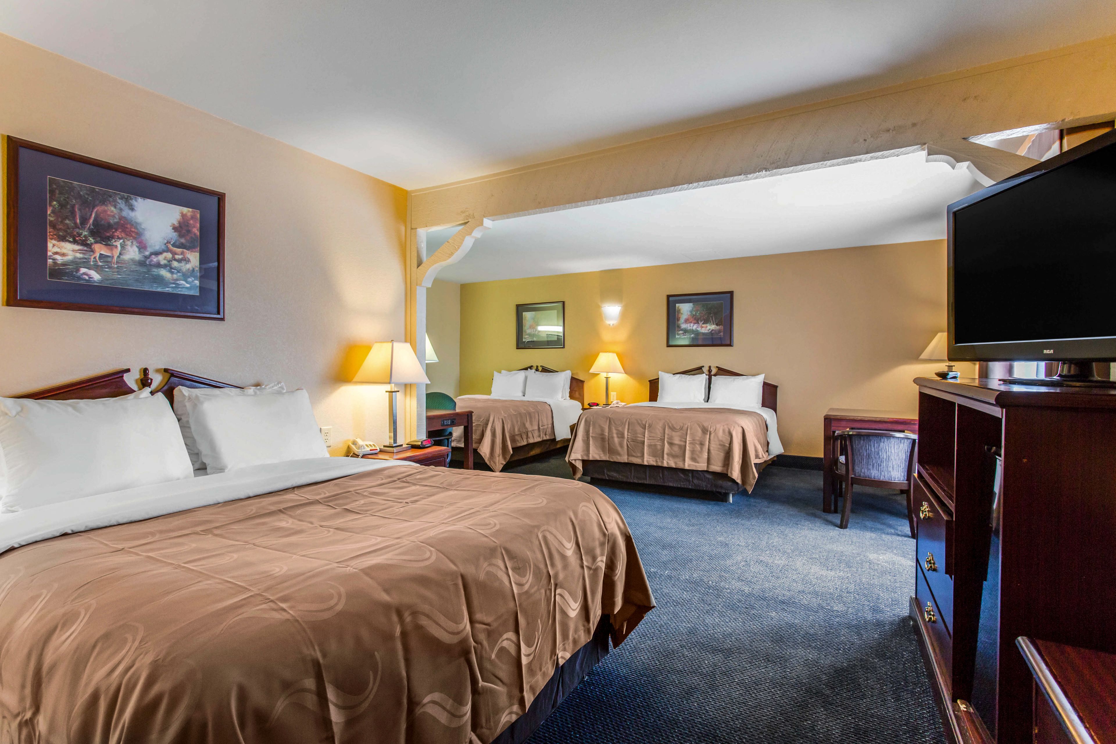 A hotel room with two beds, a television, a desk, and a dresser.