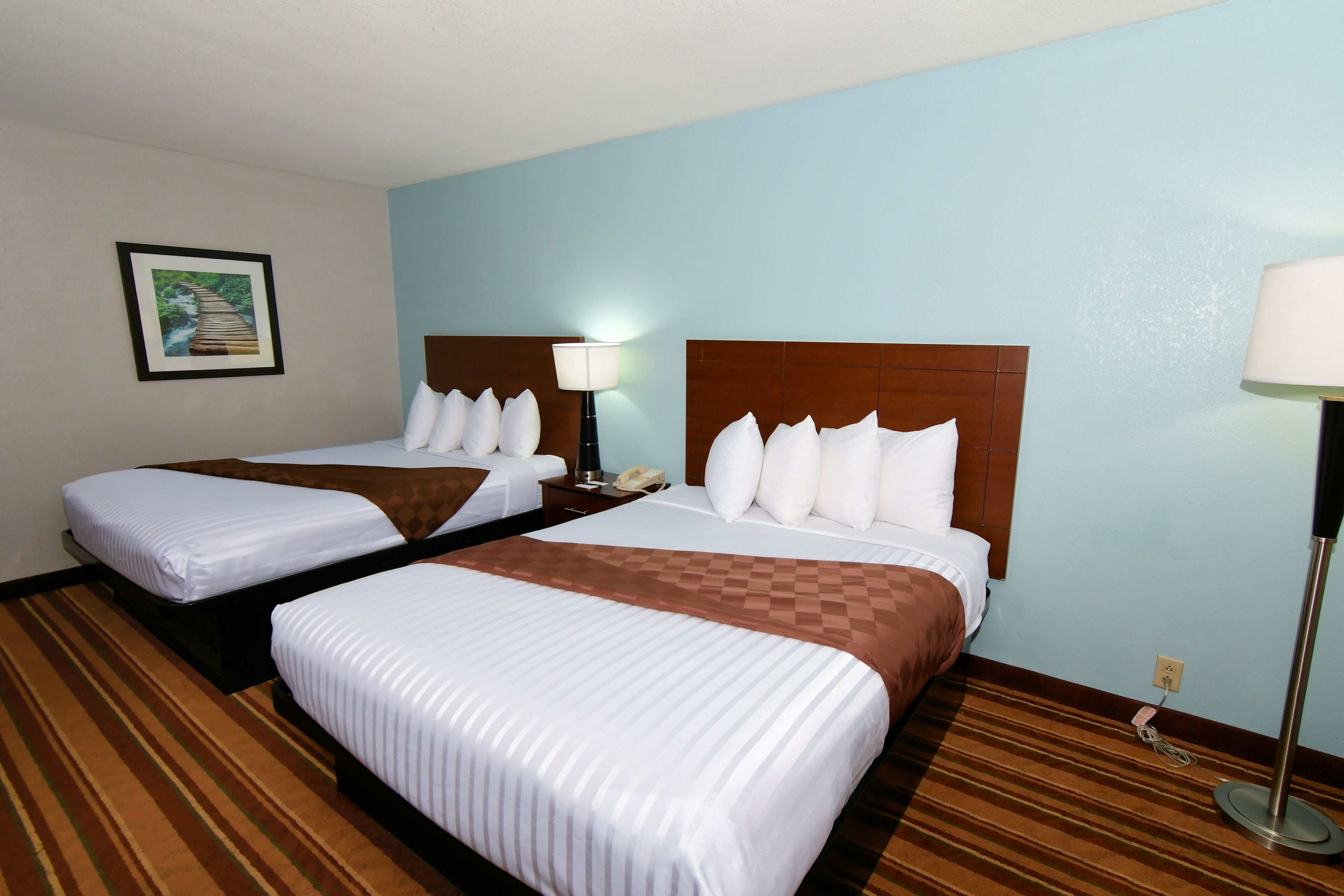 A hotel room with two beds, a wooden headboard, a checkered bedspread, a striped carpet, a nightstand with a lamp, and a framed picture on the wall.