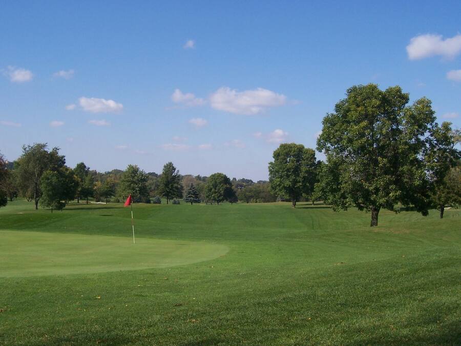 Ein Golfplatz mit einer roten Fahne, die das Loch markiert, umgeben von Bäumen und blauem Himmel.