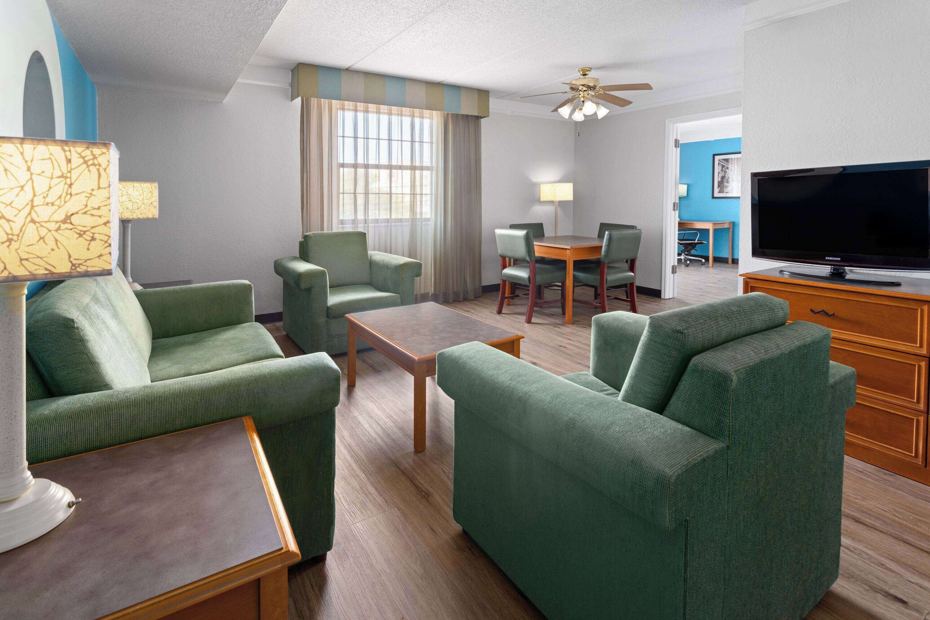 Premium bedding, pillowtop beds, desk, blackout drapes