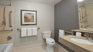 Combined shower/tub, free toiletries, hair dryer, towels