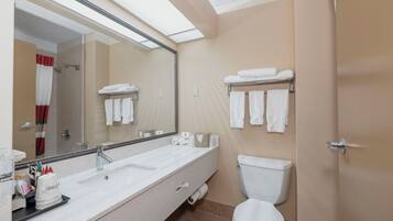 Shower, eco-friendly toiletries, hair dryer, towels