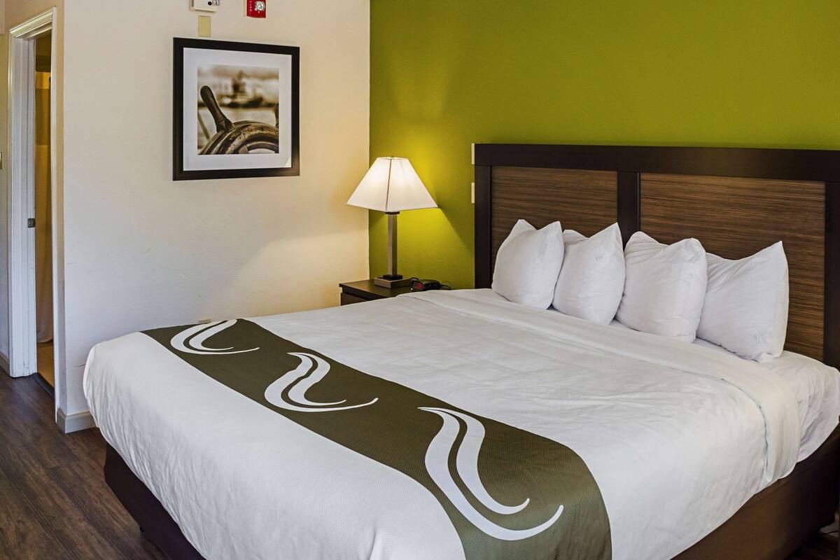 A neatly made bed with white bedding and a green accent, a bedside lamp, and a framed picture on the wall.