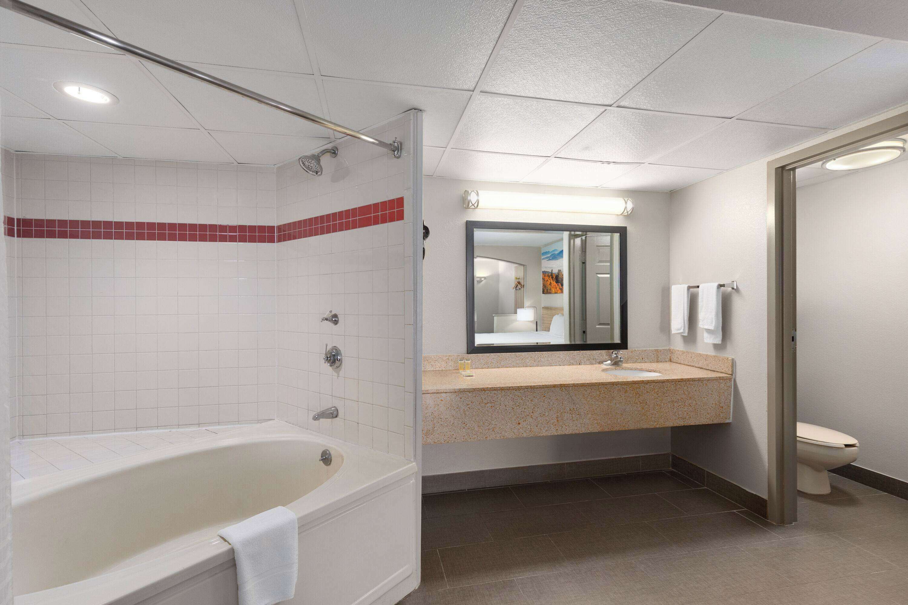 A modern bathroom with a bathtub, a shower, a sink, and a toilet.