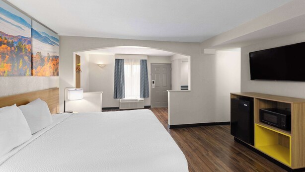 Habitación de hotel con una cama grande, televisión de pantalla plana, microondas y una pequeña kitchenette.