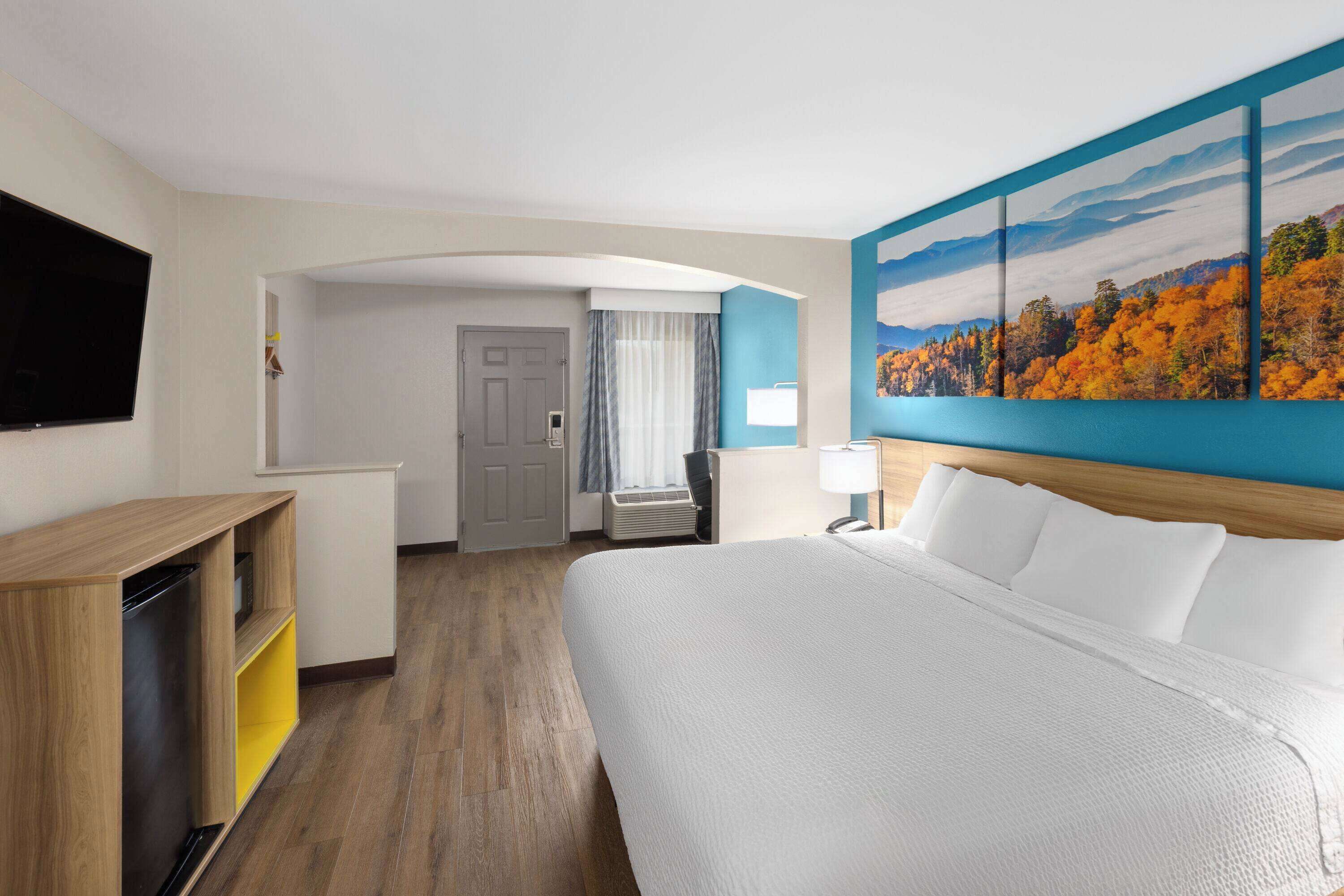 Habitación de hotel con una cama grande, un escritorio con silla, un televisor de pantalla plana y un cuadro de follaje otoñal en la pared.