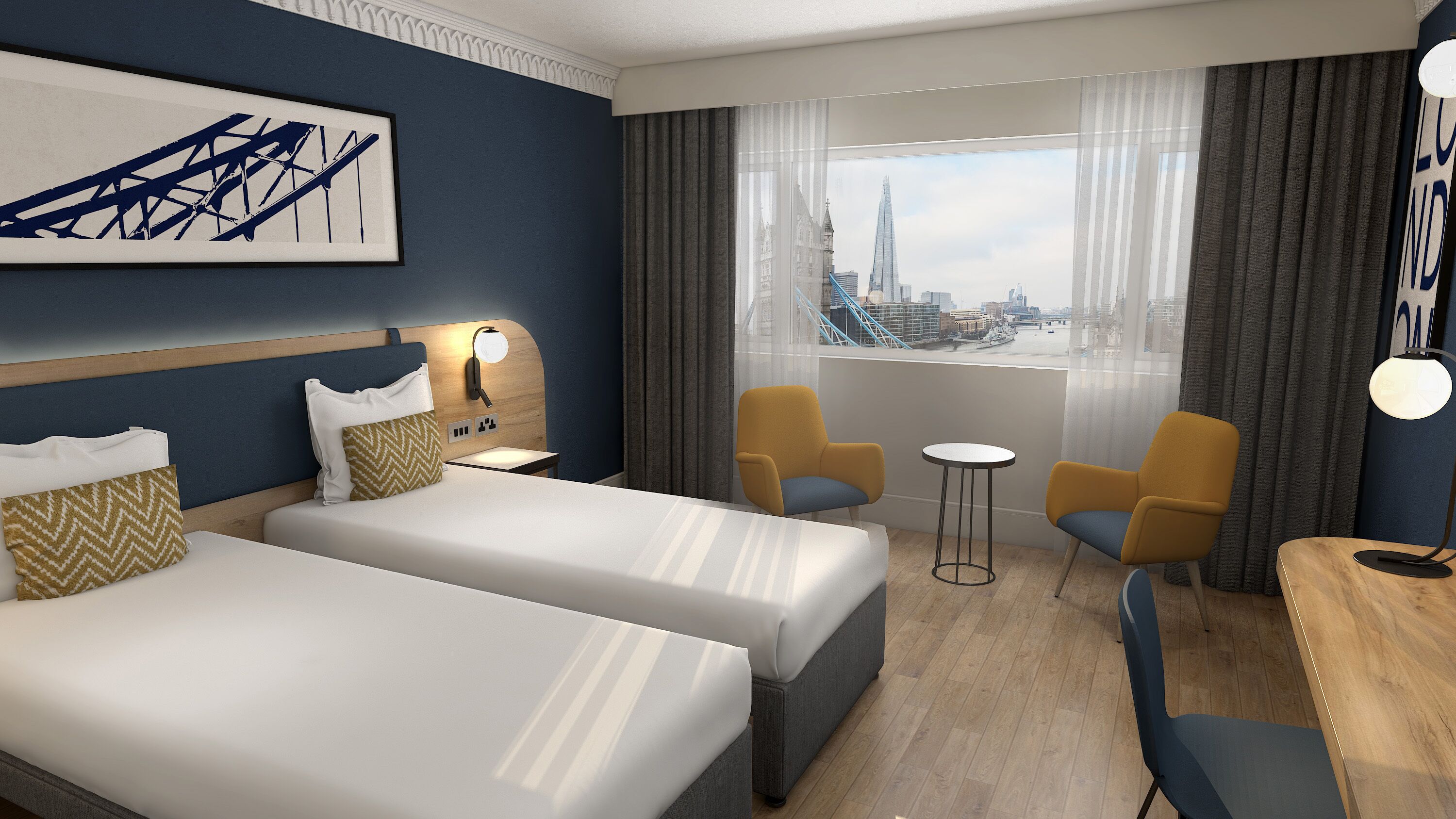 Executive Twin Room, with Bridge View | Premium bedding, in-room safe, desk, laptop workspace