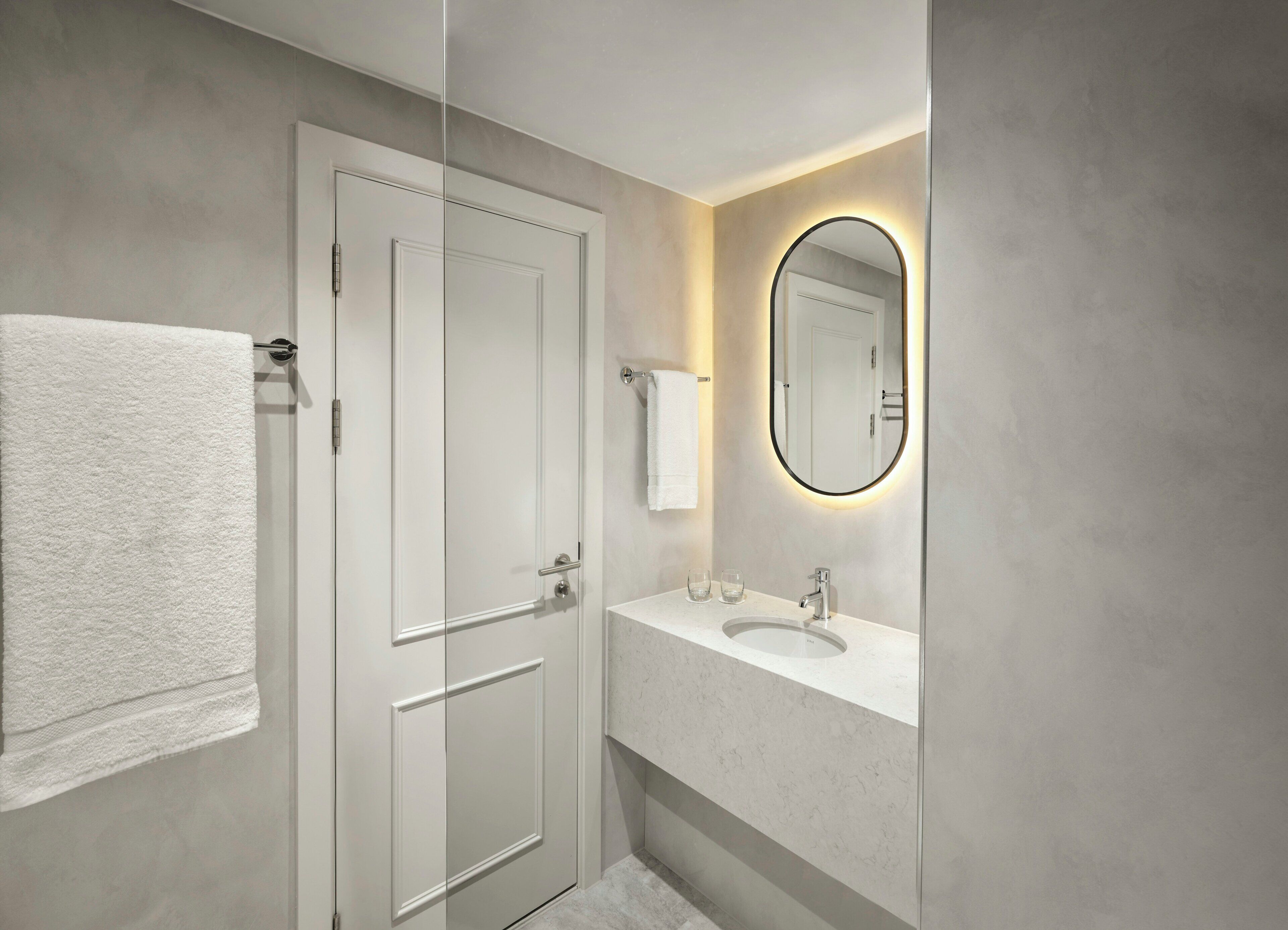 A modern bathroom with a white door, a large mirror, and a countertop with a sink.