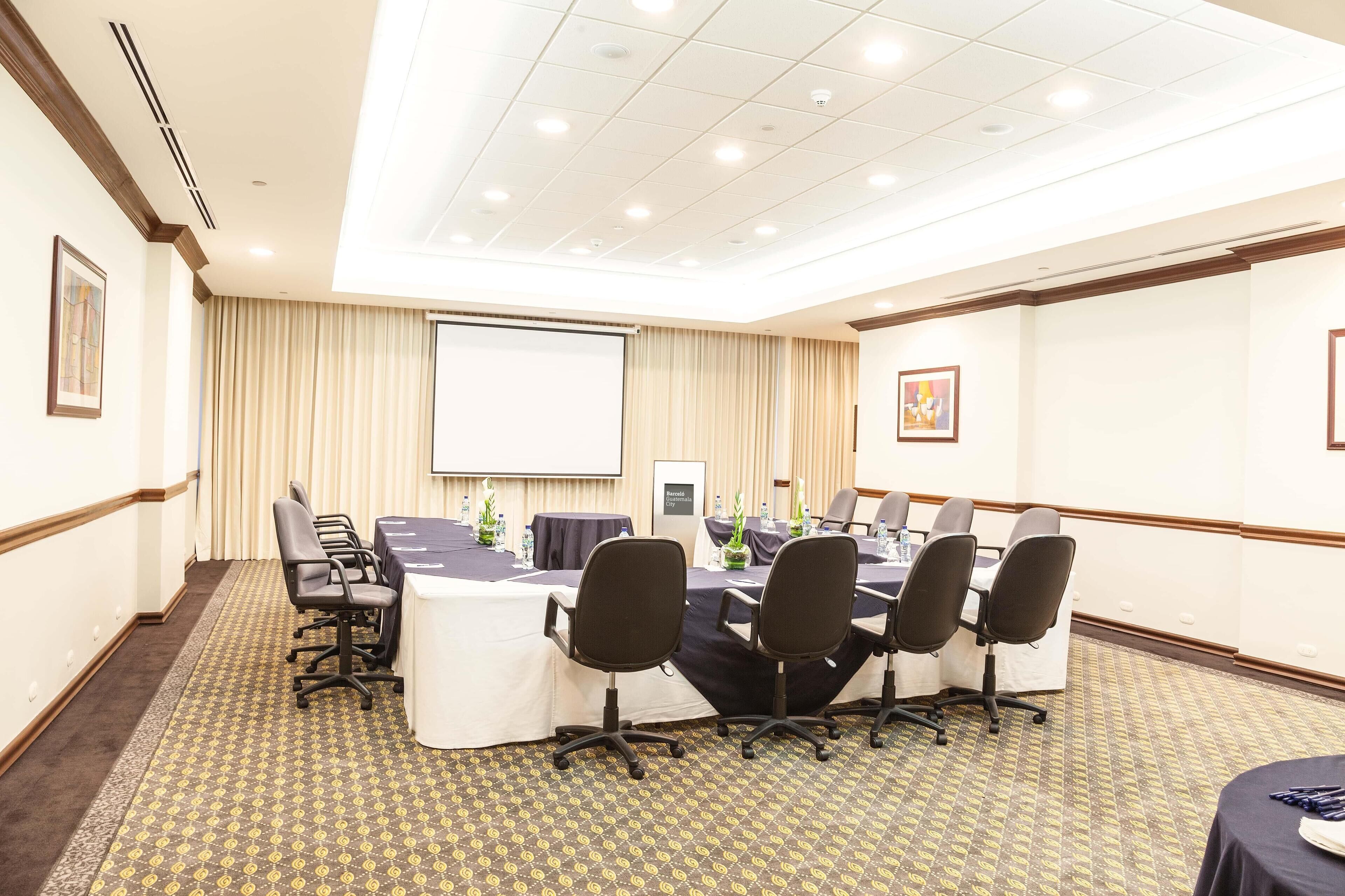 Un salón de conferencias con una larga mesa, sillas, una pantalla de proyector y piso alfombrado.