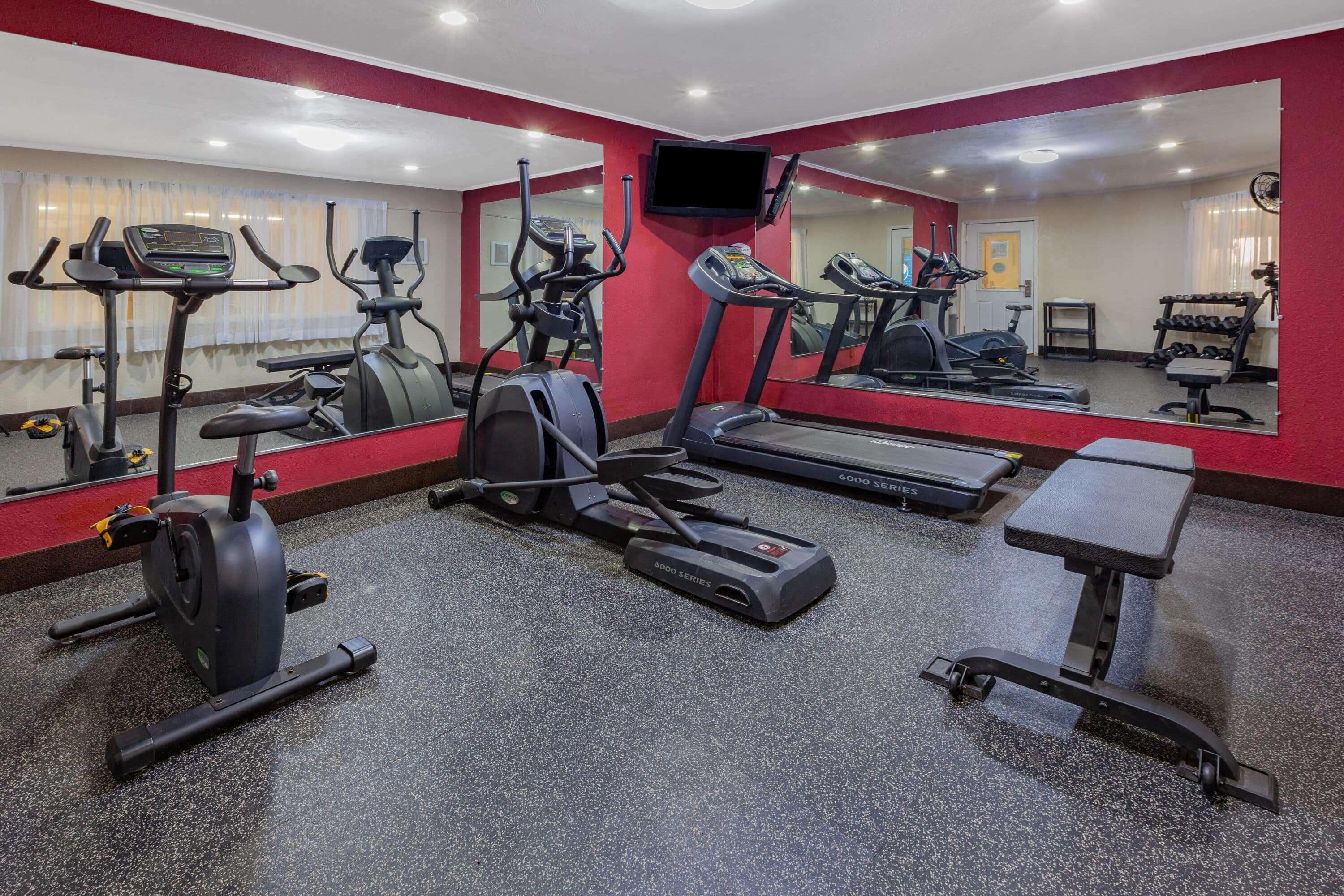 Une salle de sport équipée de tapis de course, d’un appareil elliptique et d’un banc de musculation.