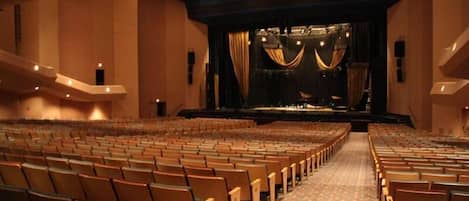 Un teatre amb files de seients, un escenari amb cortines i un sòl amb moqueta.