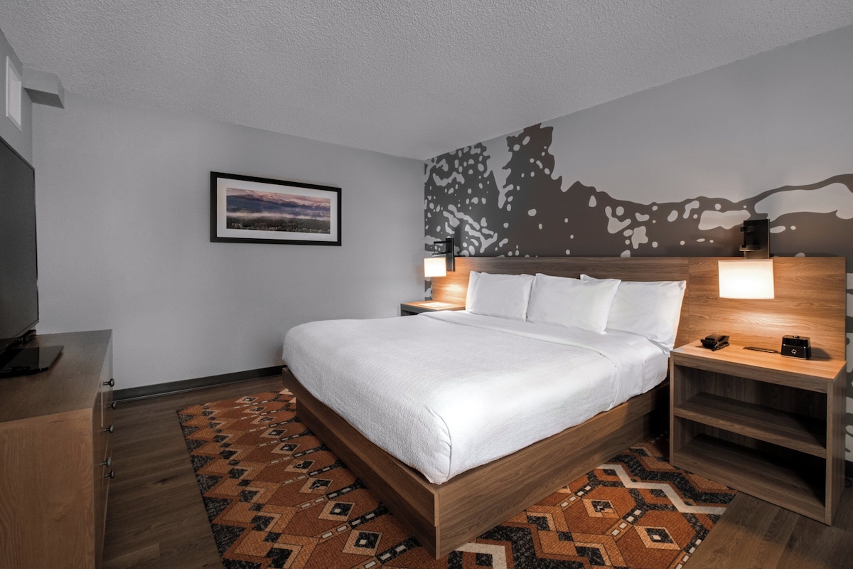 Une chambre d’hôtel moderne avec un lit en bois, un tapis à motifs, un tableau encadré au mur et une table de chevet avec une lampe.