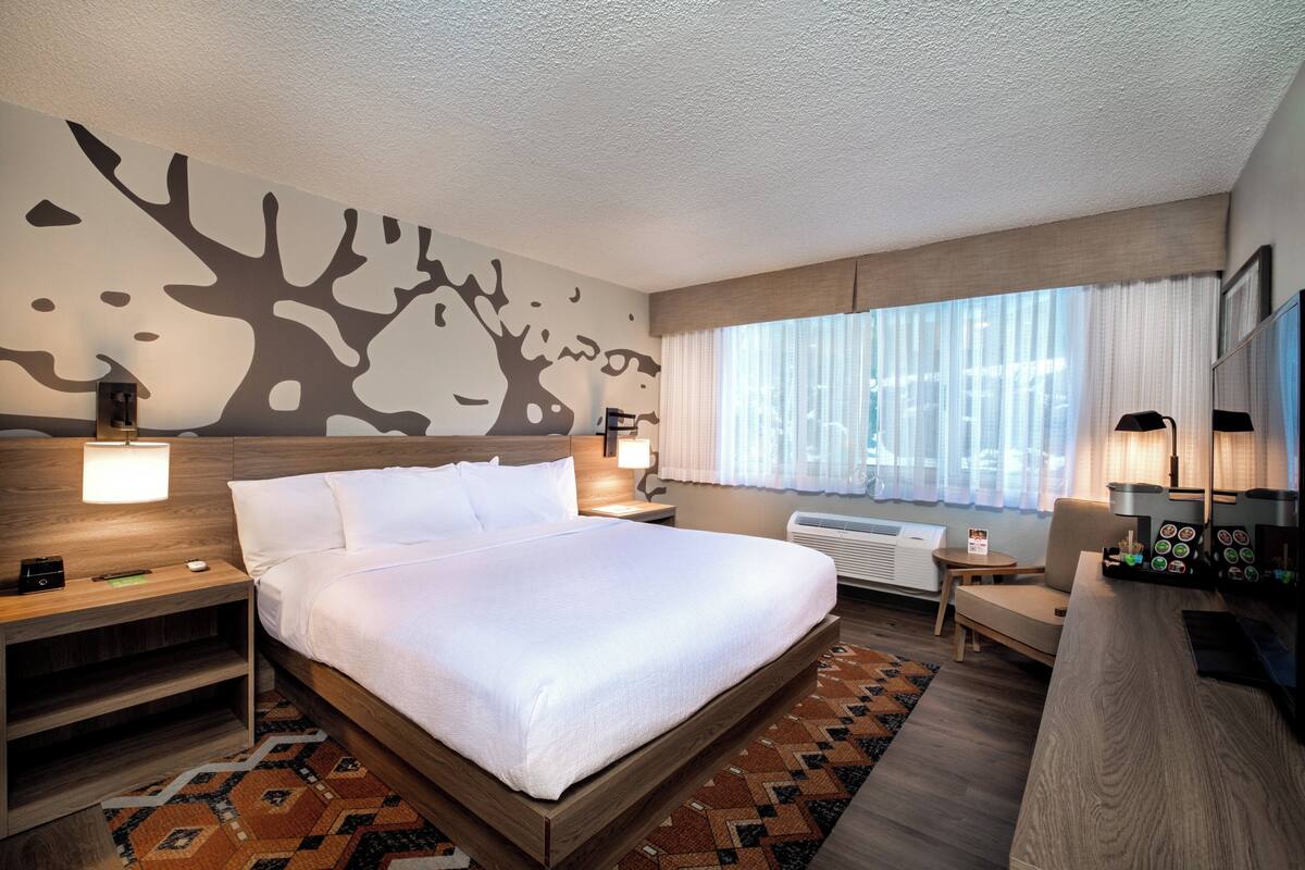 Una habitación de hotel moderna con una cama grande, un escritorio, una silla, un televisor y una pared con un mural de un árbol.