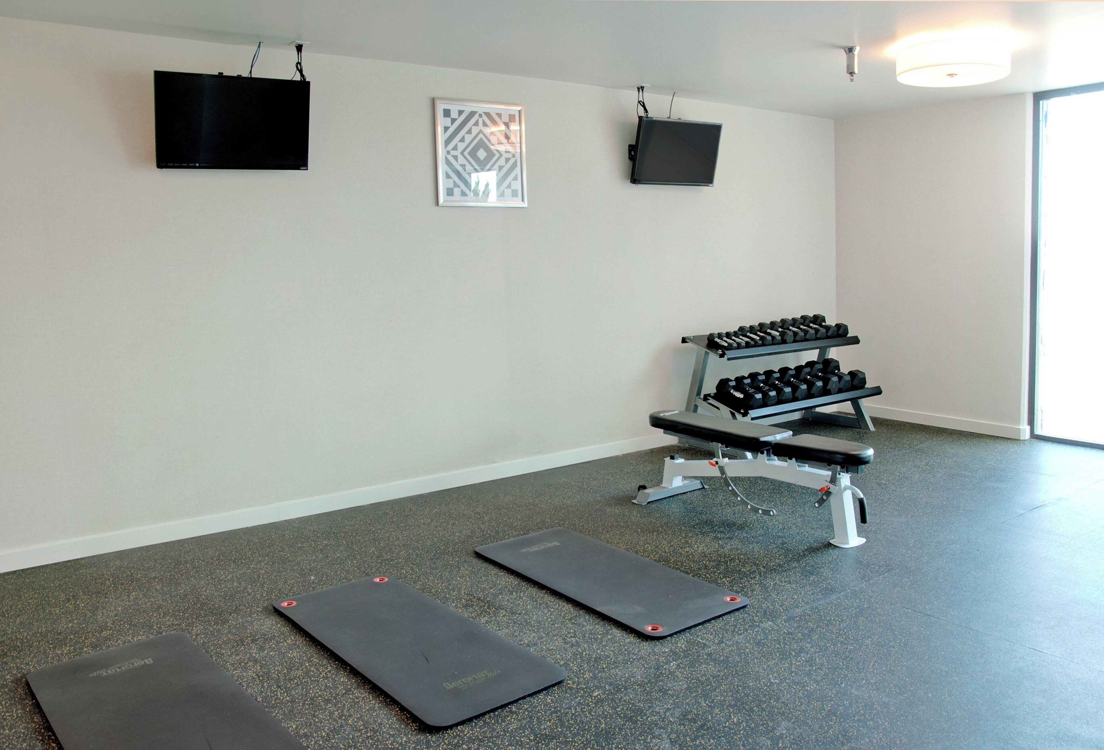 Une salle de sport équipée de matériel d’exercice, notamment un banc et des haltères, ainsi que deux tapis de sol.