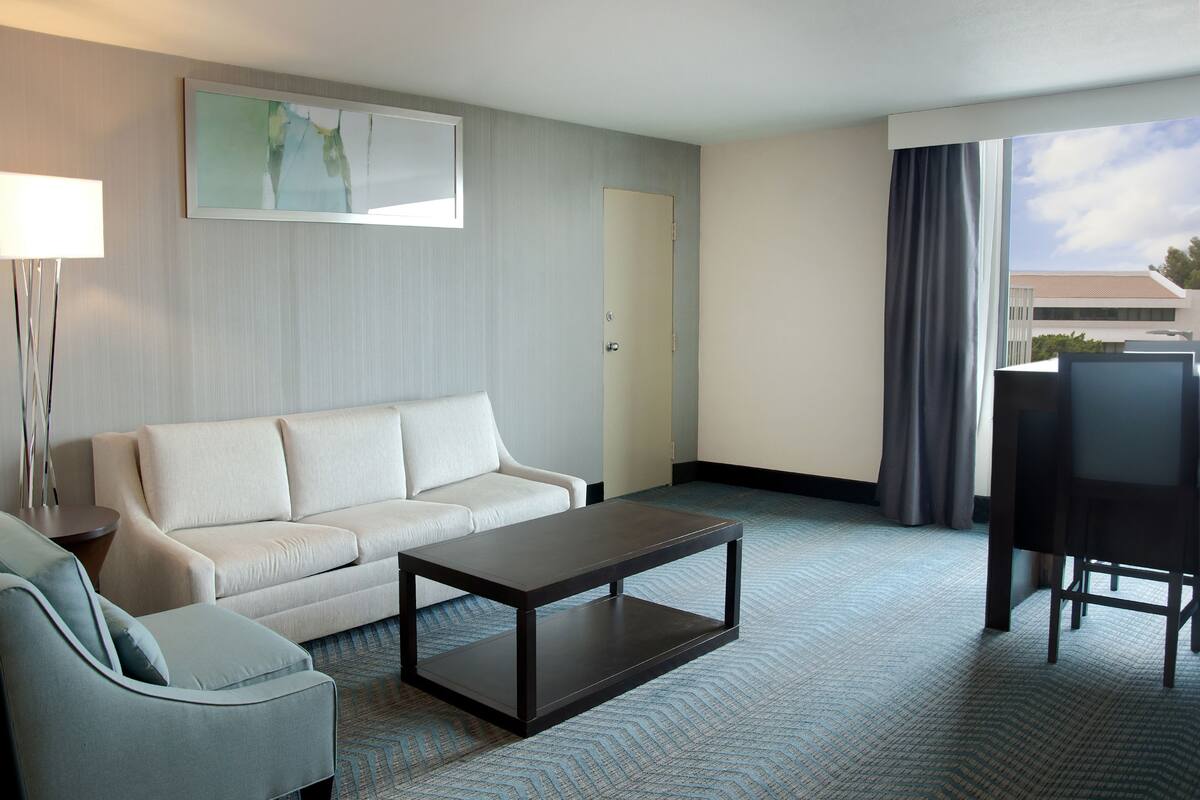 A hotel room with a sofa, a coffee table, a chair, a lamp, a painting, and a view of the outside.