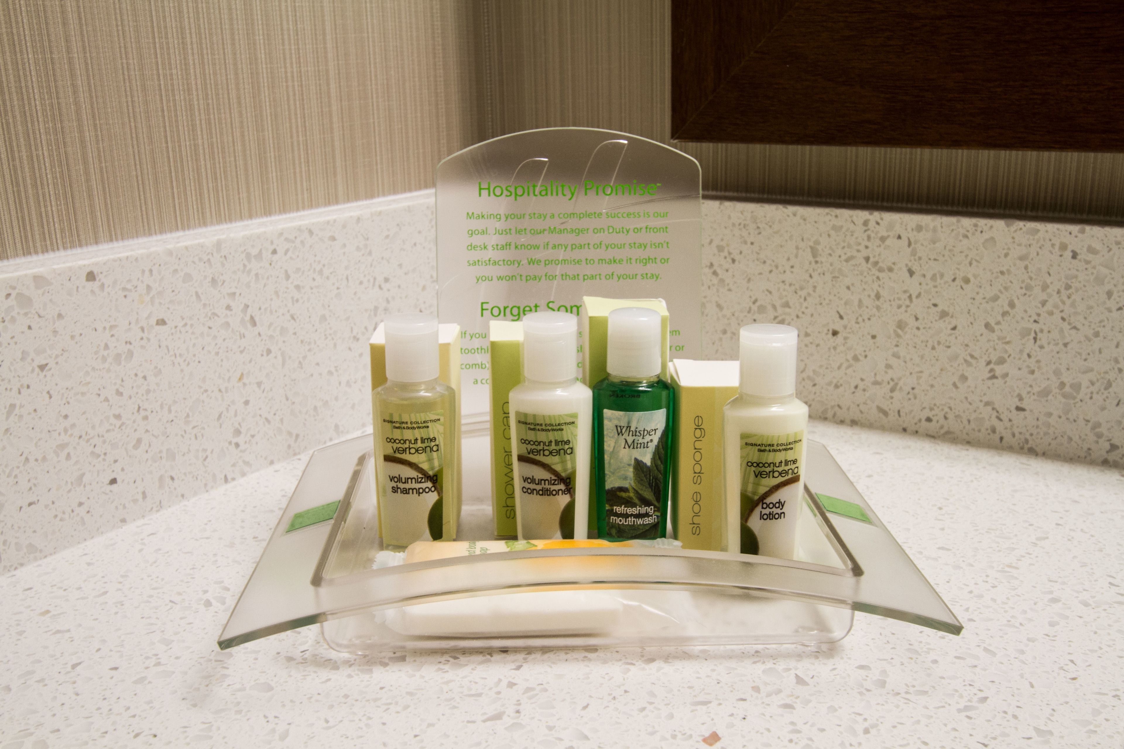 eco-friendly toiletries, hair dryer, towels