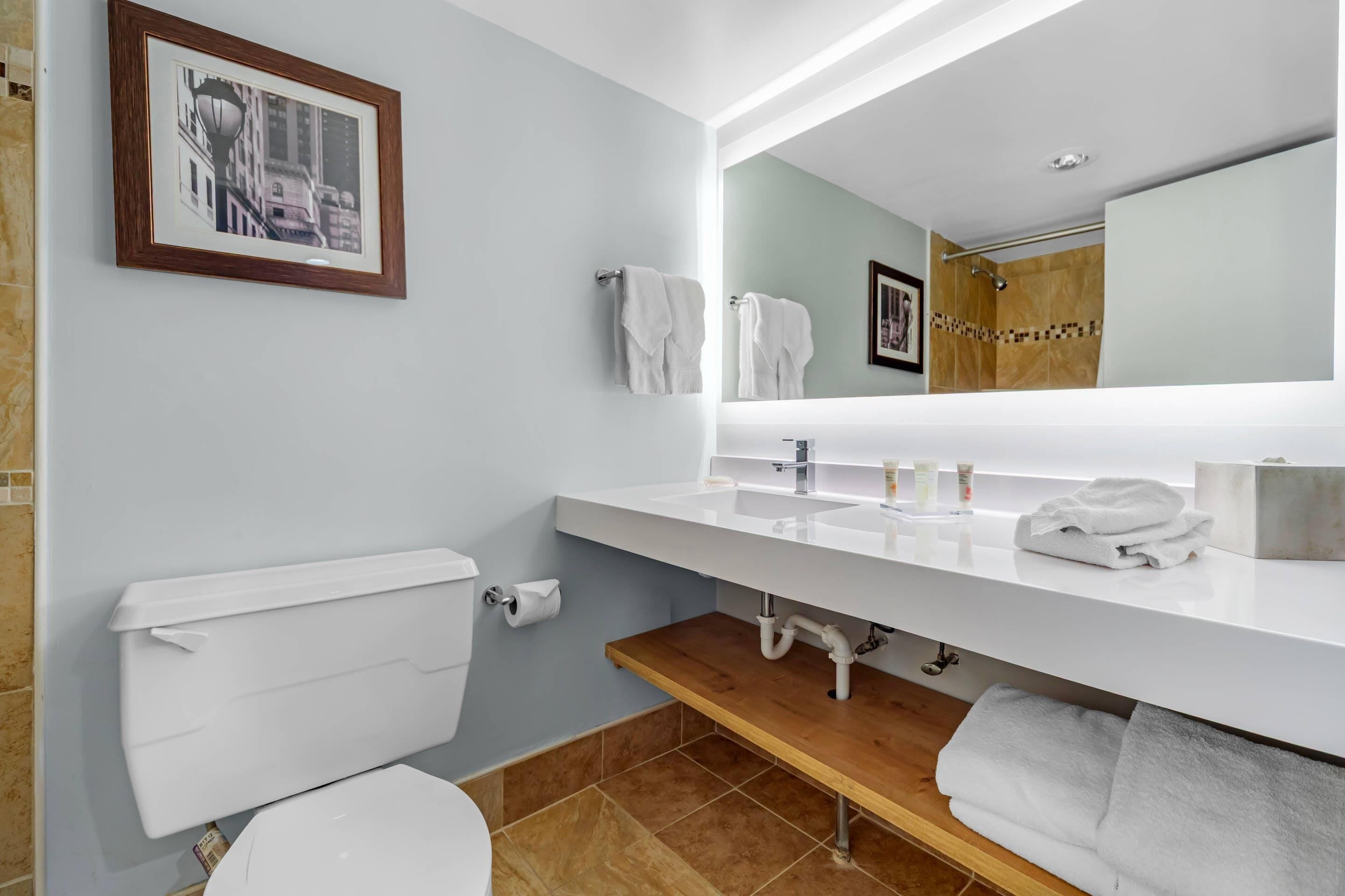 A modern bathroom with a white sink, mirror, and toilet. There is a framed picture on the wall and a wooden shelf under the sink.