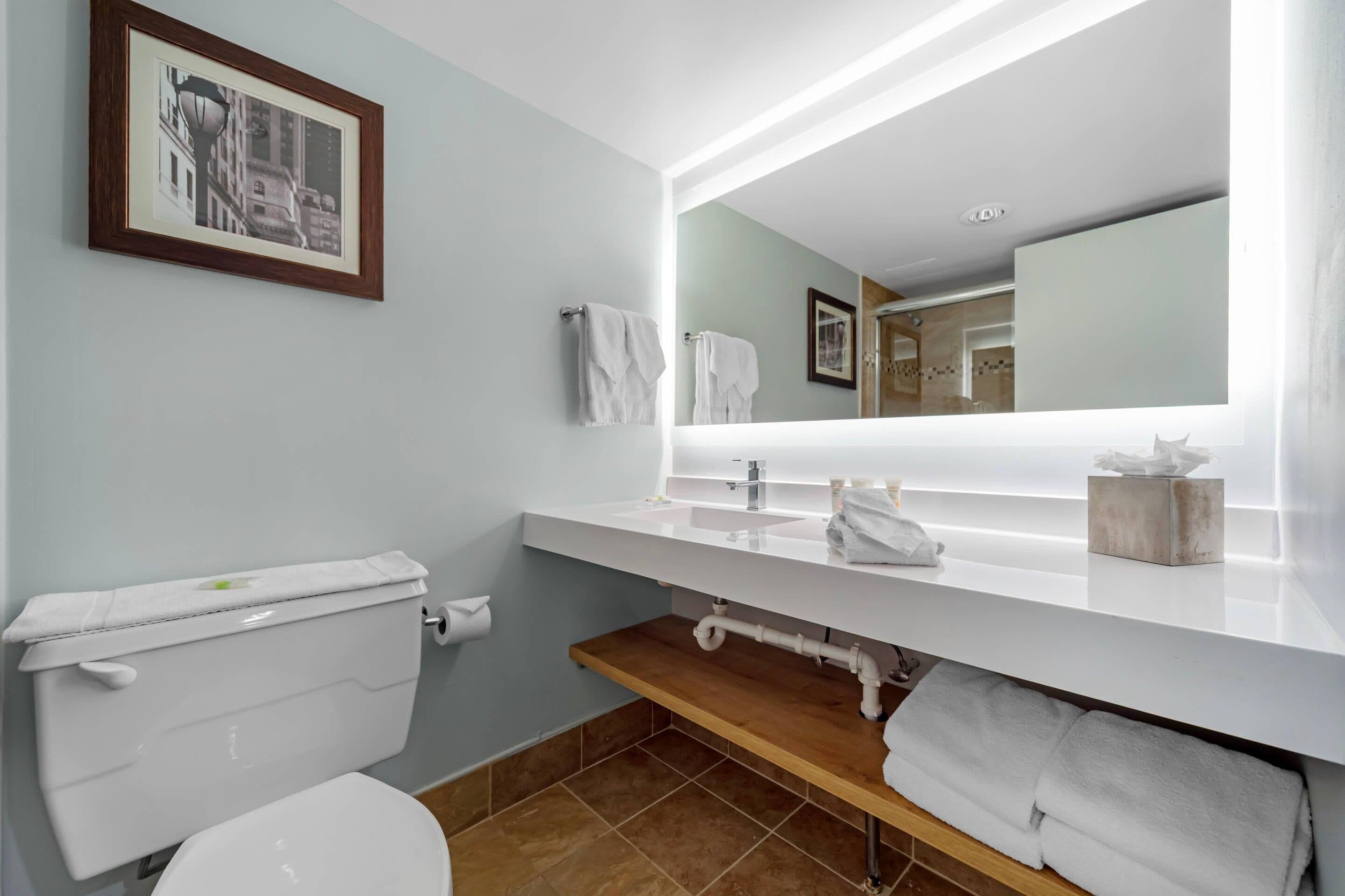 Un baño moderno con inodoro, lavabo y espejo. Hay un cuadro en la pared y un perchero para toallas.