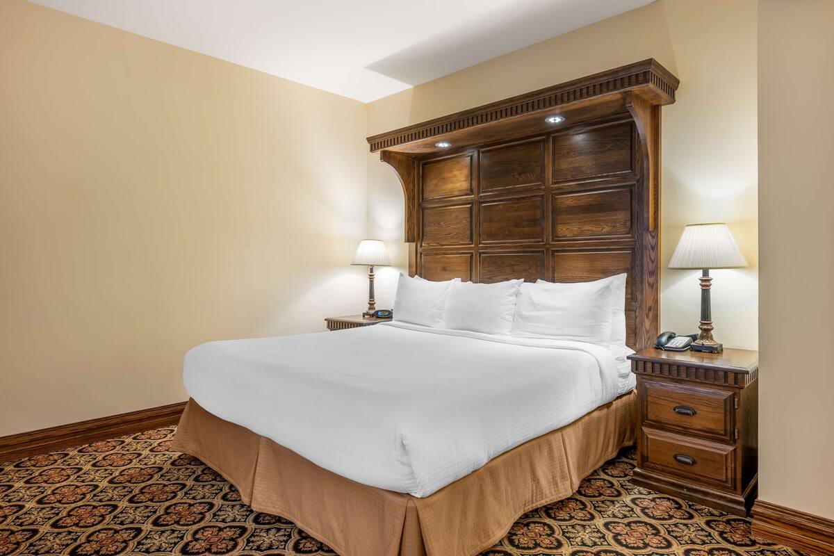 A hotel room with a large bed, two bedside tables with lamps, and a patterned carpet.