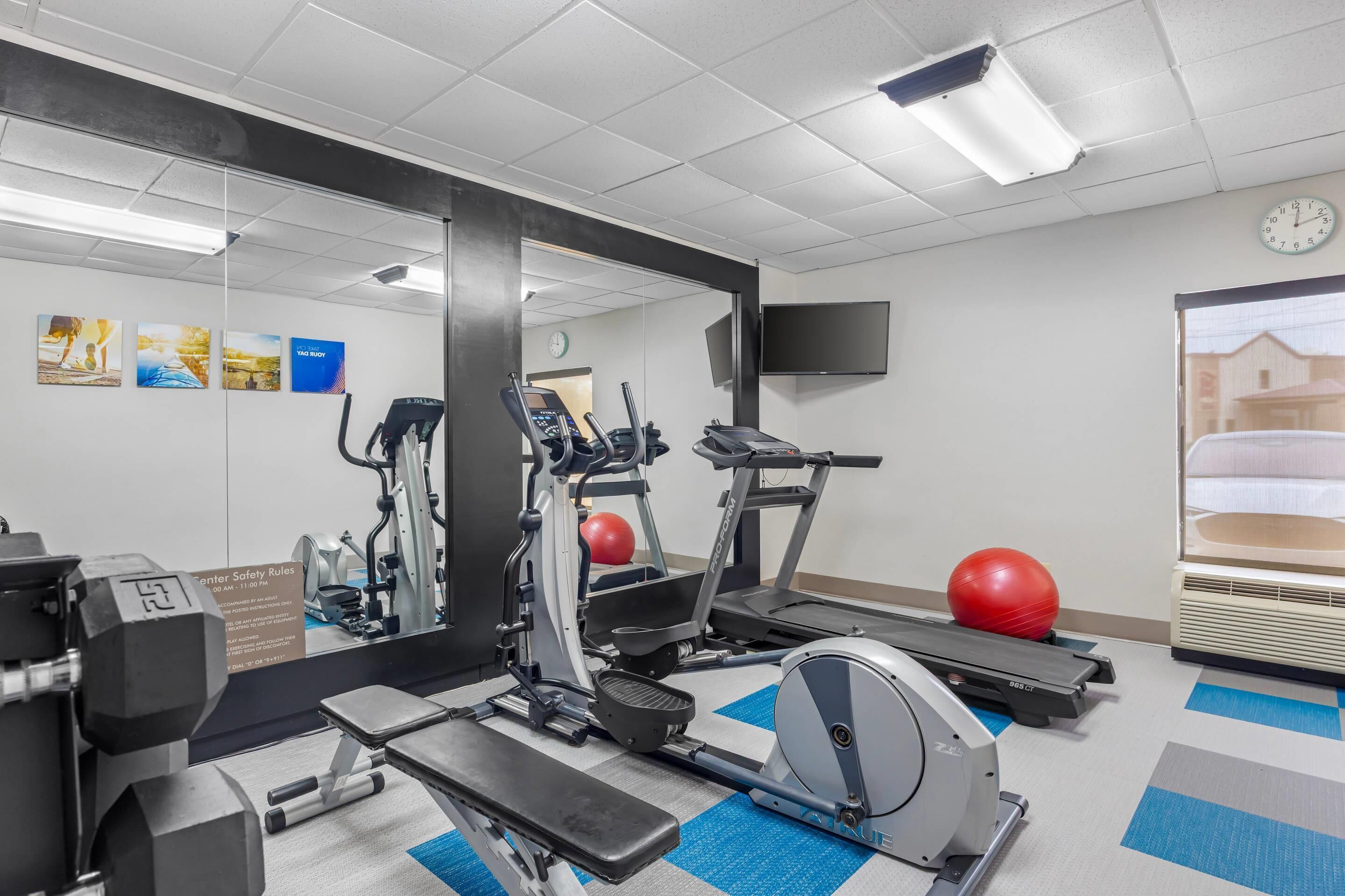 A gym with treadmills, elliptical machines, and free weights.