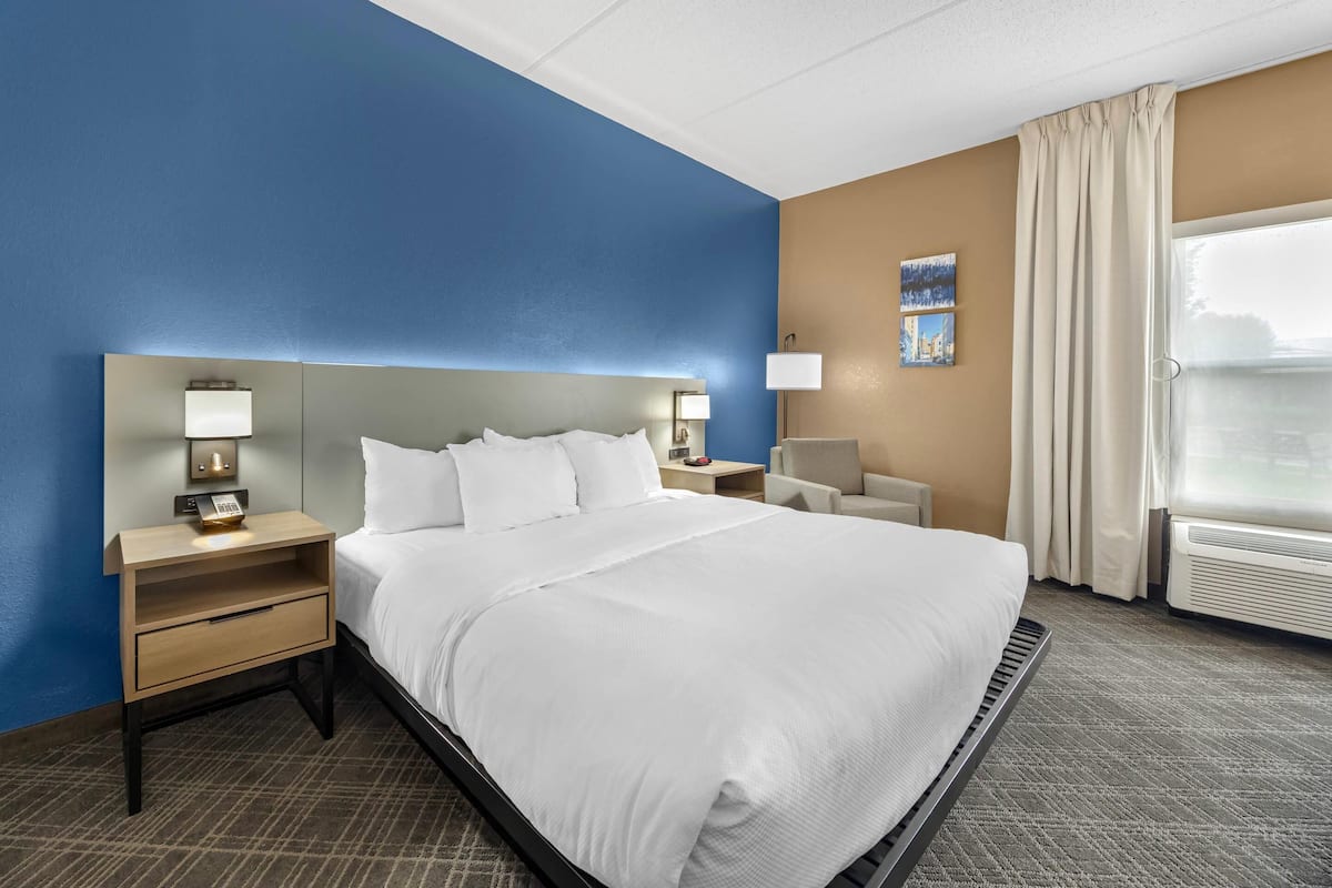 A hotel room with a large bed, two bedside tables with lamps, a window with curtains, and a wall-mounted artwork.