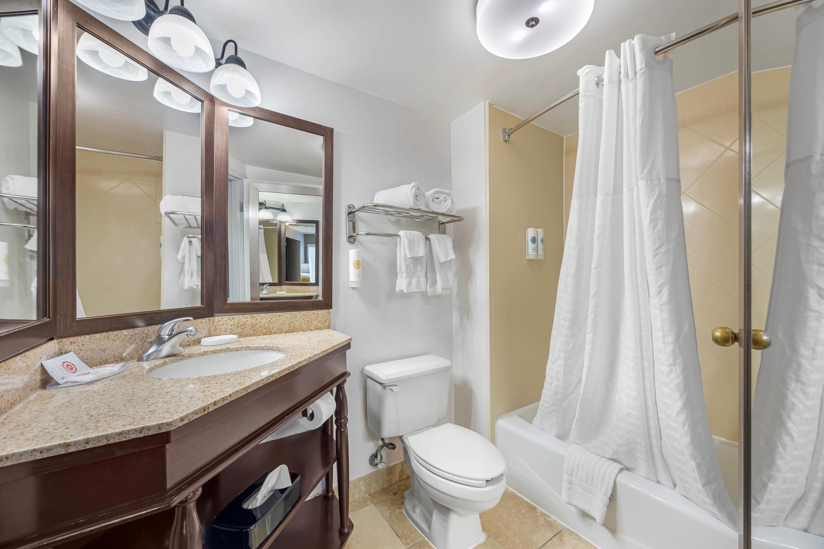 A bathroom with a sink, mirror, toilet, and shower area.