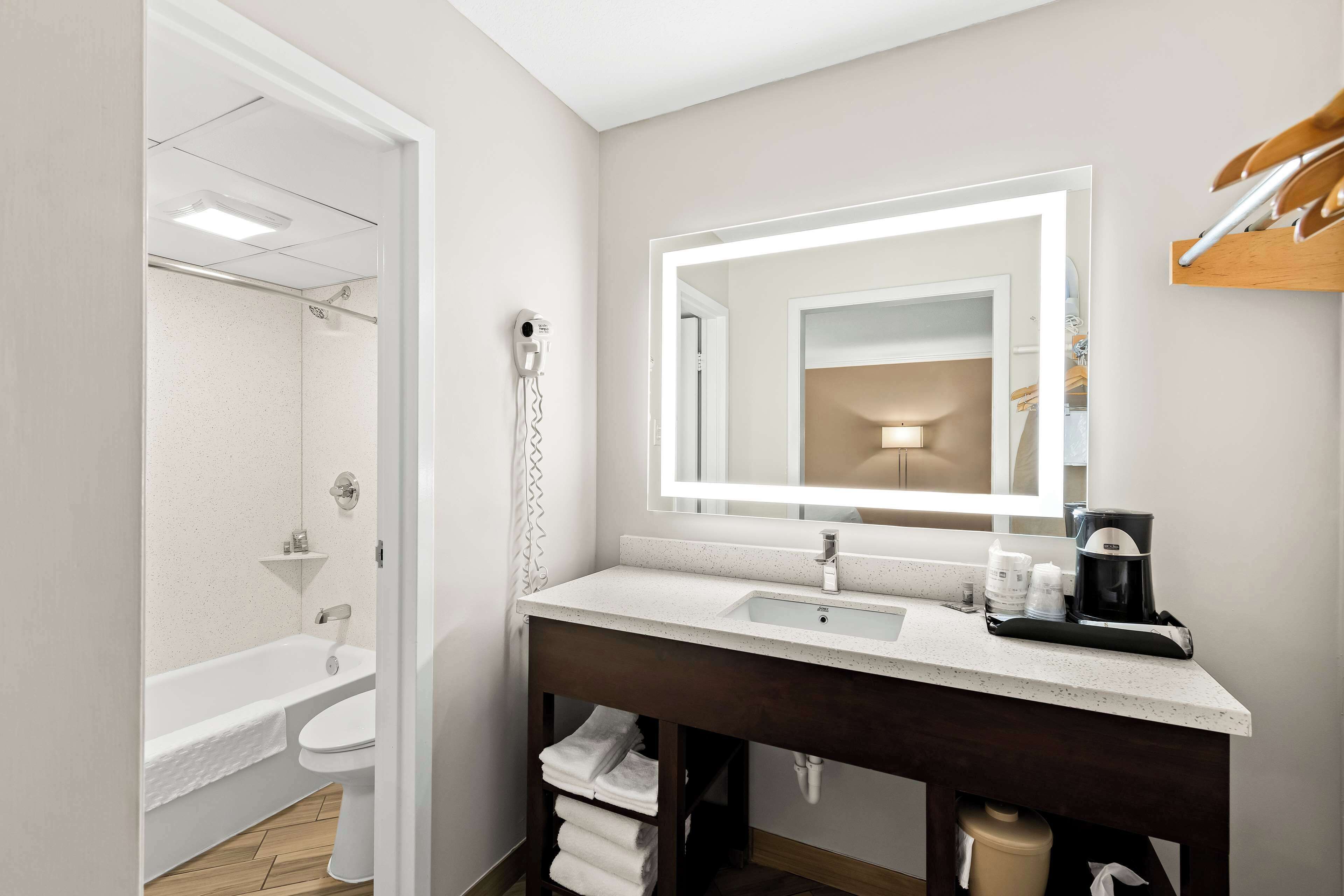 Eco-friendly toiletries, hair dryer, towels