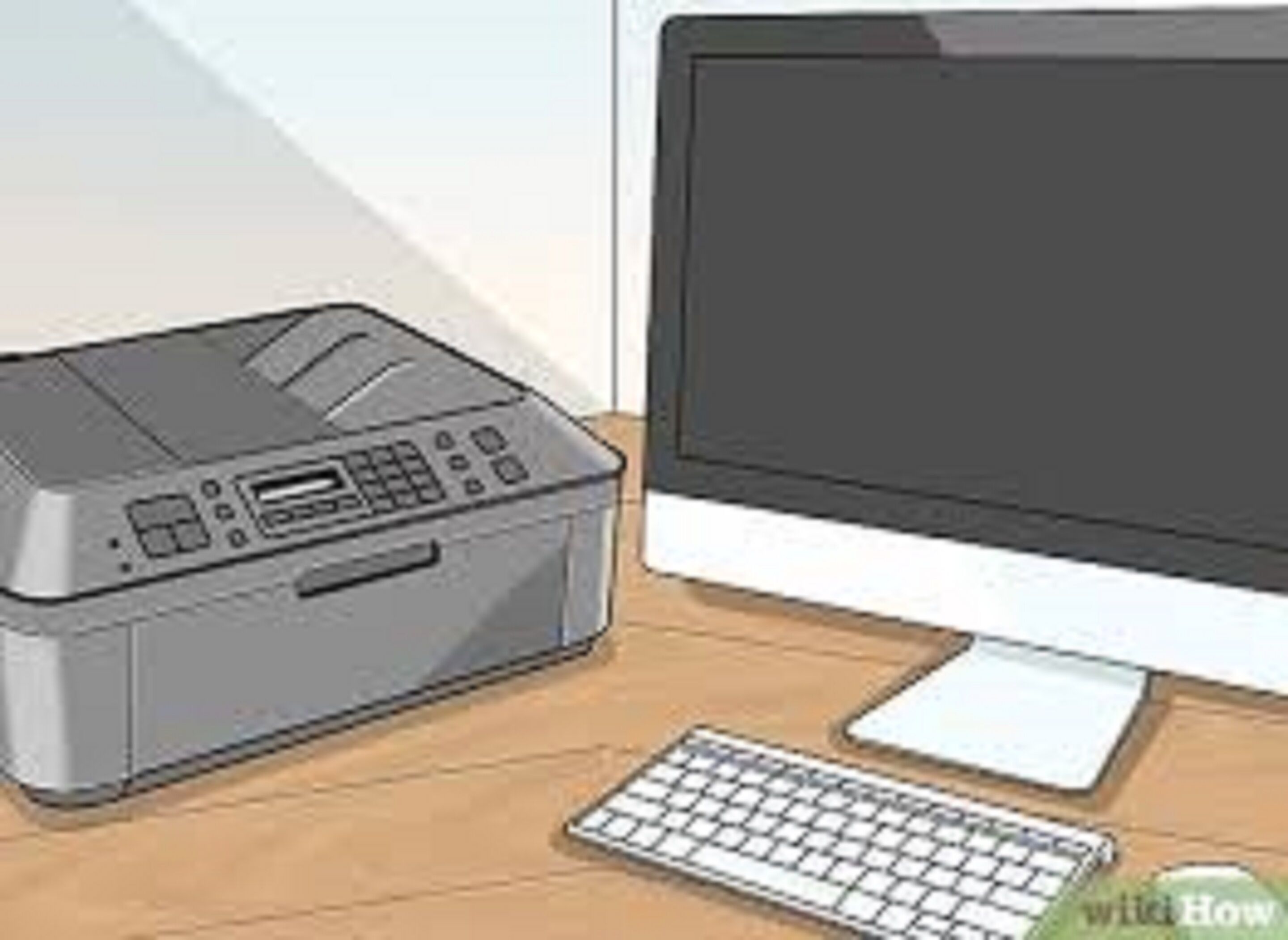 Ein Schreibtischstuhl mit einem Computer, der einen Bildschirm, eine Tastatur und einen Drucker umfasst.