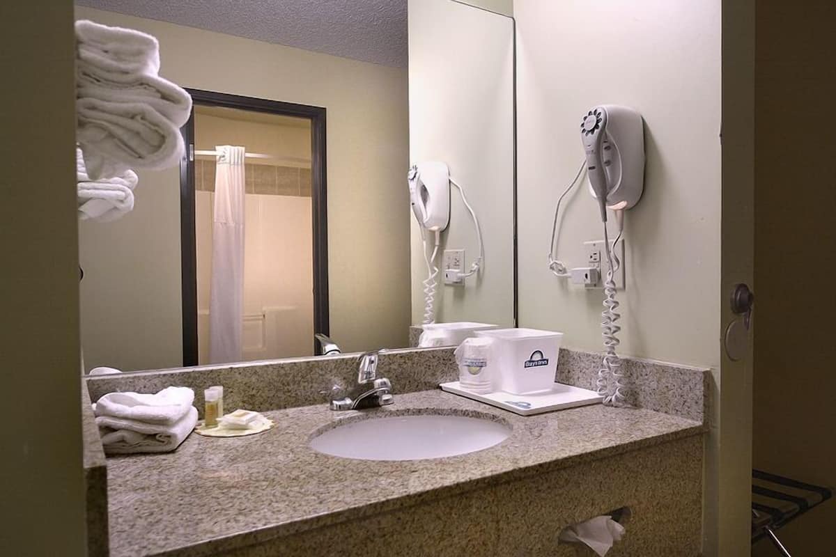 combined shower/bathtub, free toiletries, hair dryer, towels