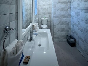 Combined shower/tub, eco-friendly toiletries, hair dryer, towels