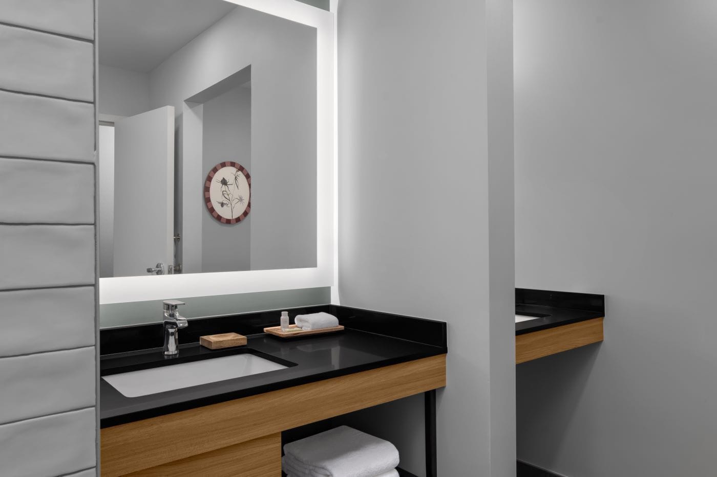 Designer toiletries, hair dryer, towels, soap