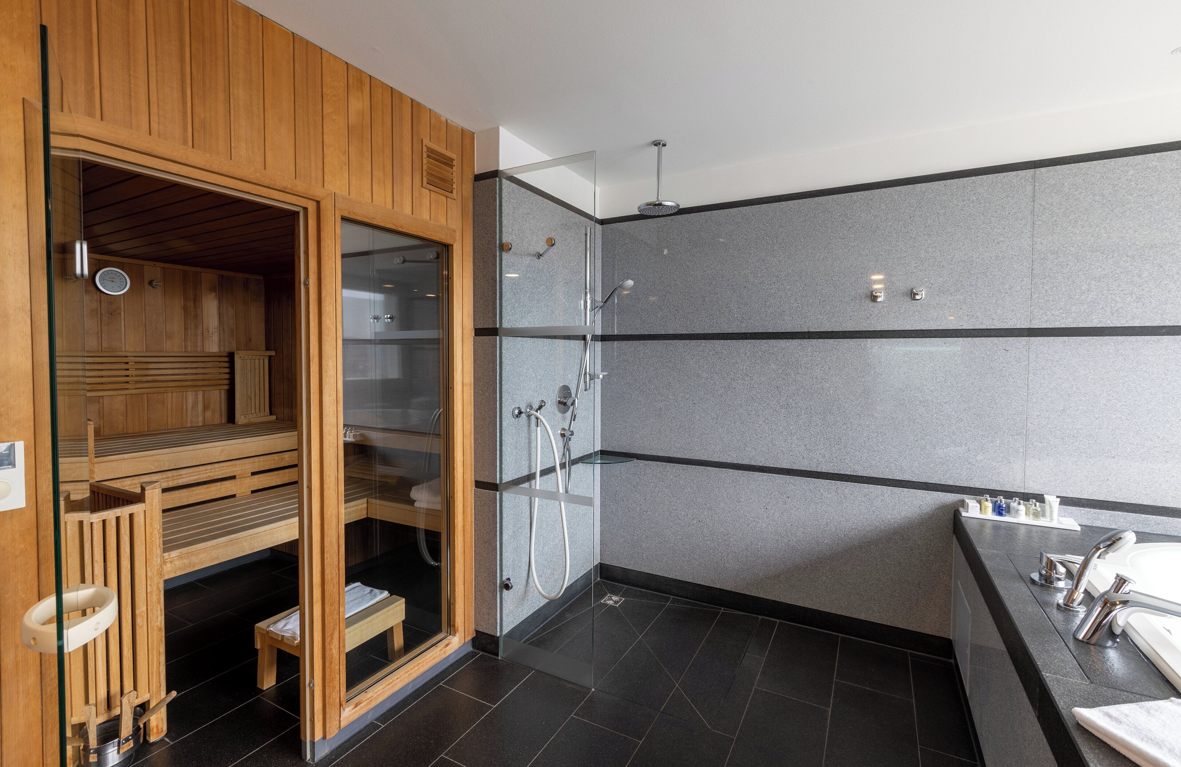A modern bathroom with a sauna, a glass-enclosed shower area, and a black-tiled floor.