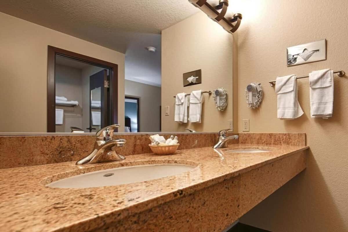 Badezimmer | Duschwanne, umweltfreundliche Kosmetikartikel, Haartrockner, Handtücher