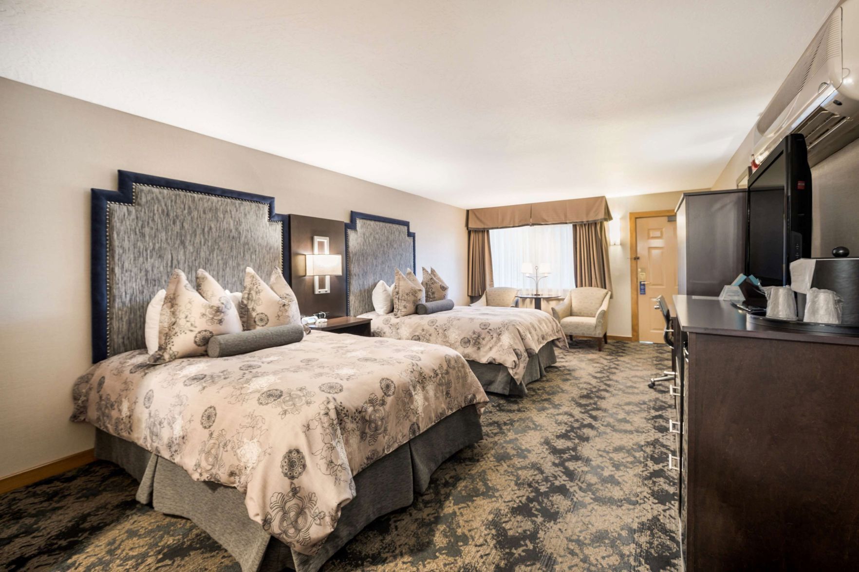 Desk, laptop workspace, blackout curtains, iron/ironing board