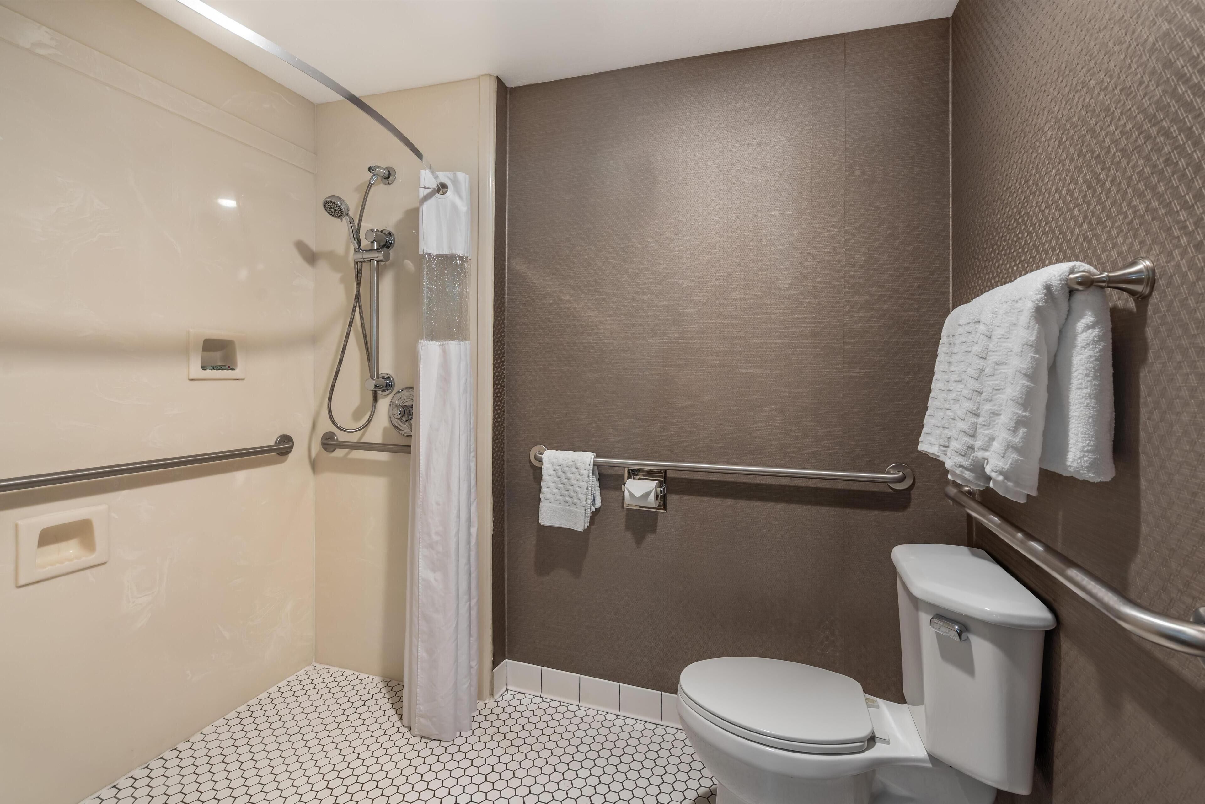 Une salle de bain moderne équipée d’une douche, de toilettes et de barres d’appui.