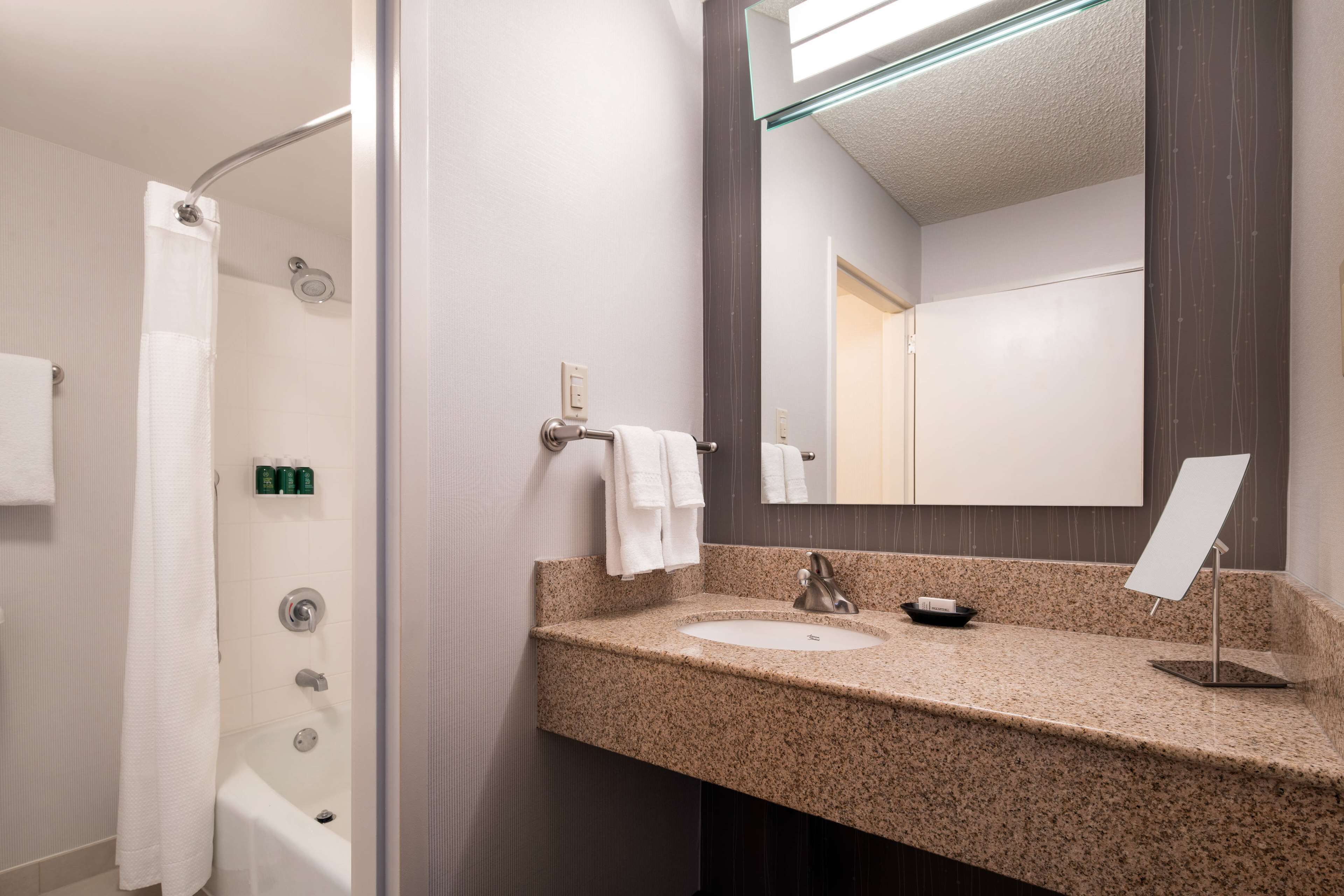 Un baño con lavamanos de encimera de granito, espejo, ducha y toallero.