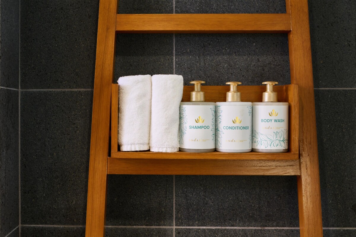 Shower, hair dryer, bathrobes, towels