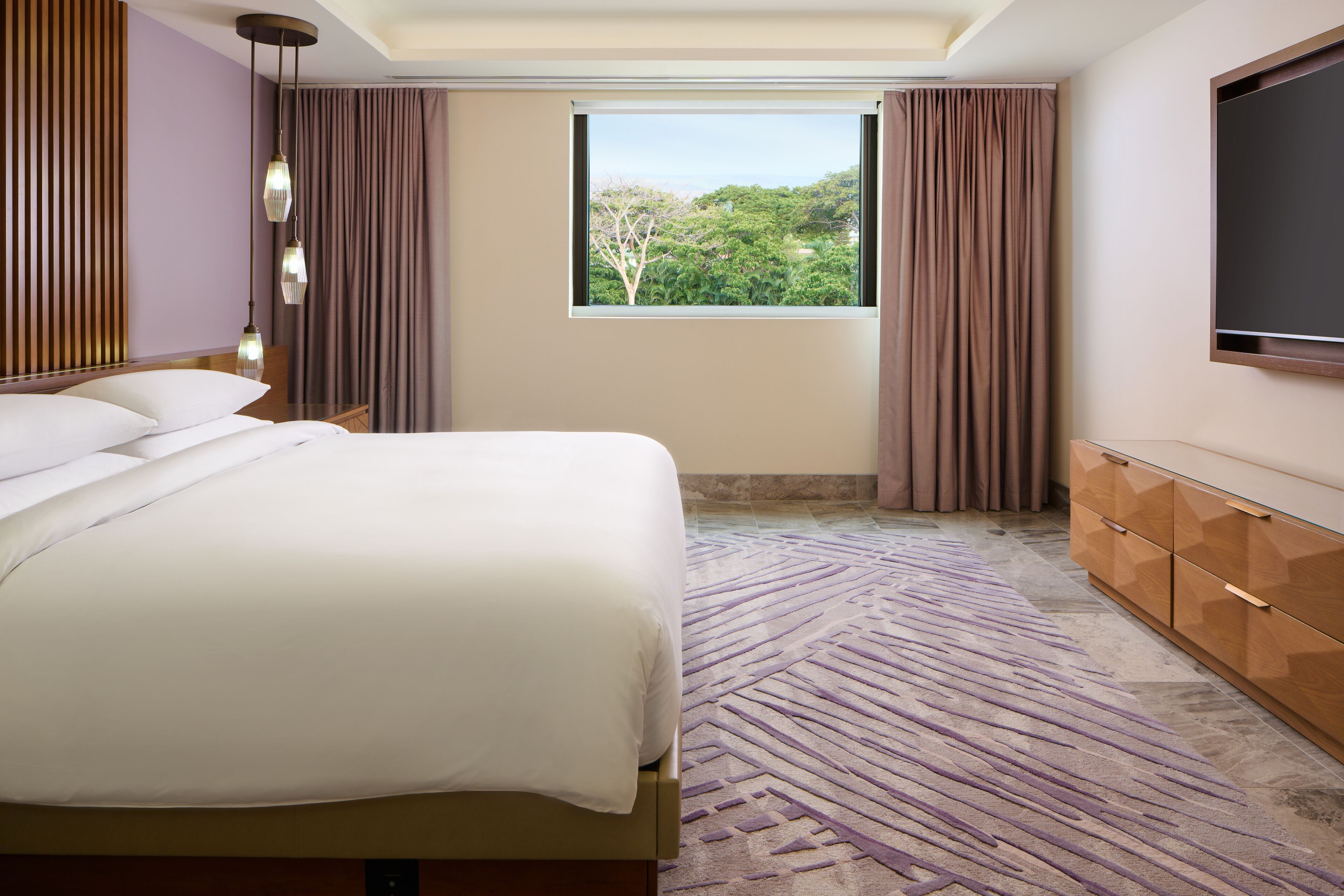 Habitación de hotel con una cama grande, un televisor en la pared, un ventanal con vistas a zonas verdes y una alfombra estampada.