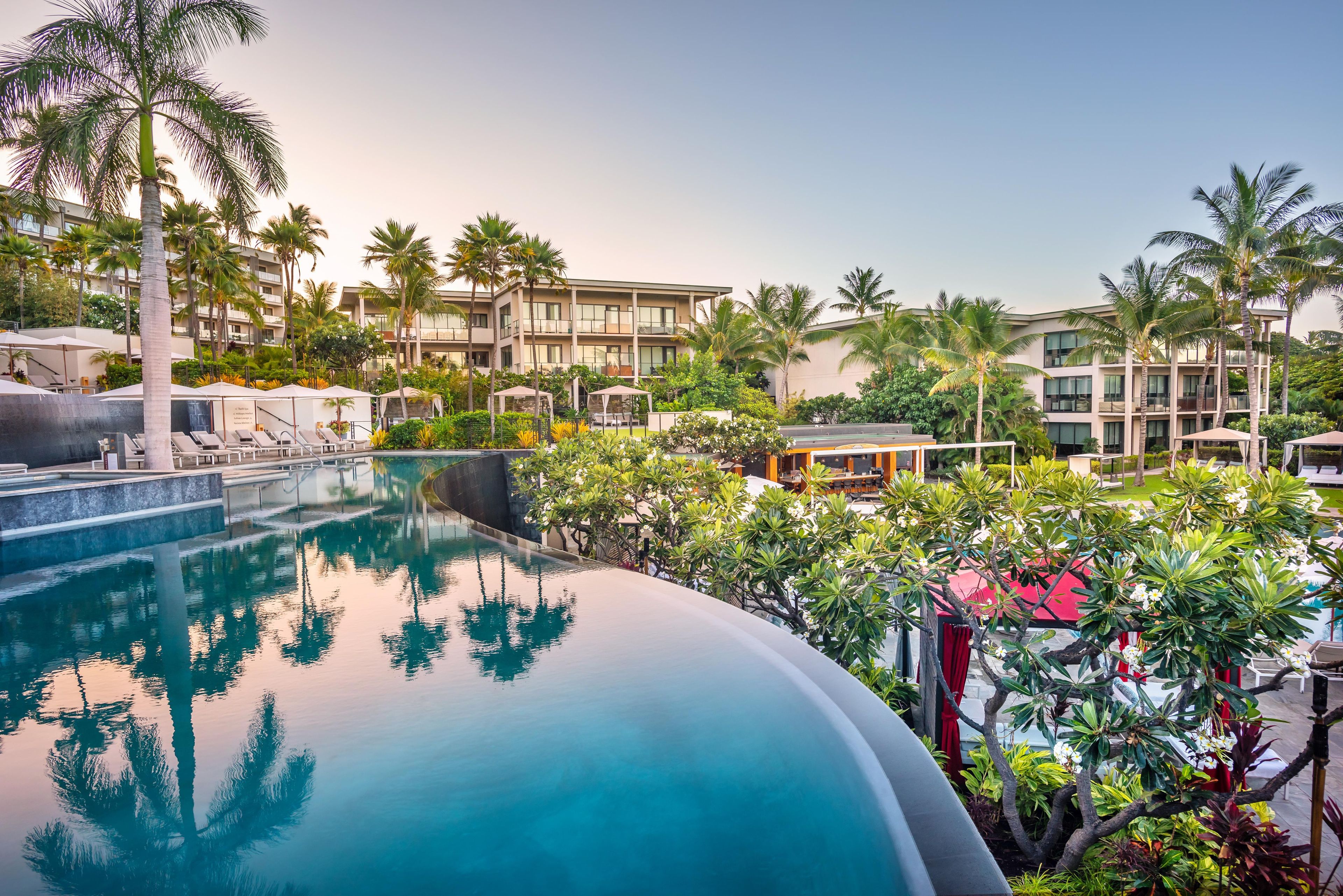 A resort pool with lounge chairs, palm trees, and a modern building in the background.