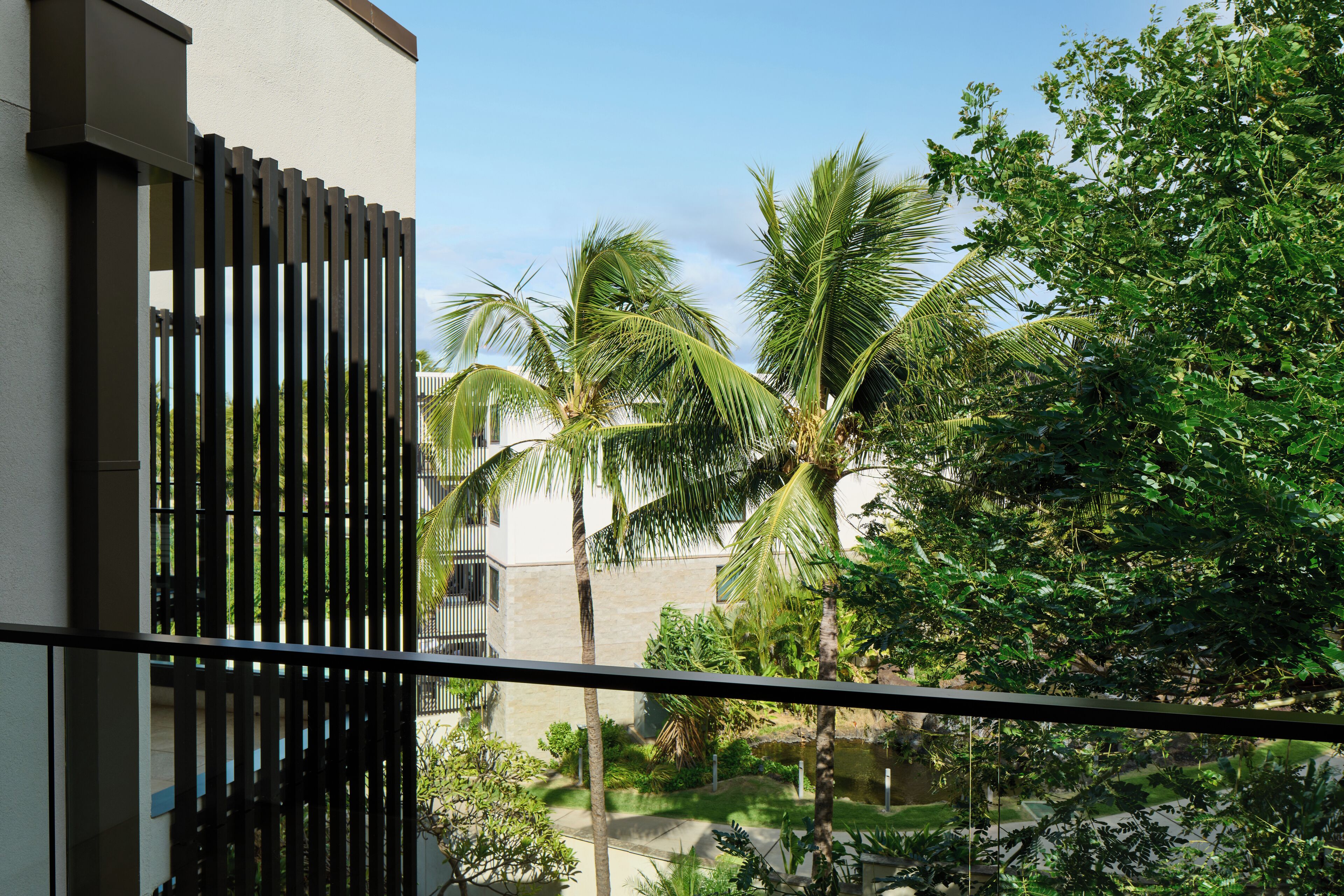 Un balcón con vista a un patio que incluye palmeras y una piscina.